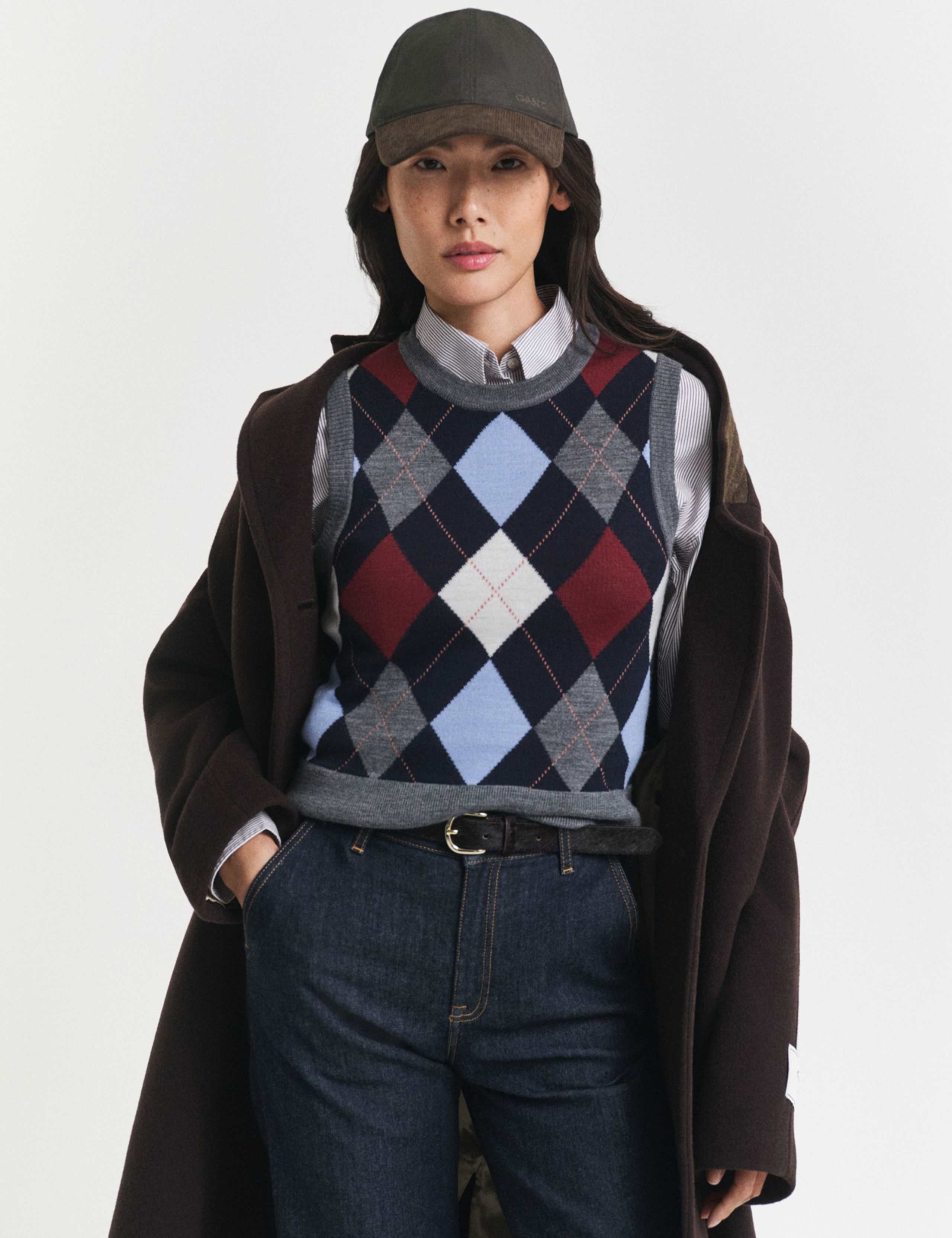 Pure Wool Argyle Crew Neck Knitted Vest