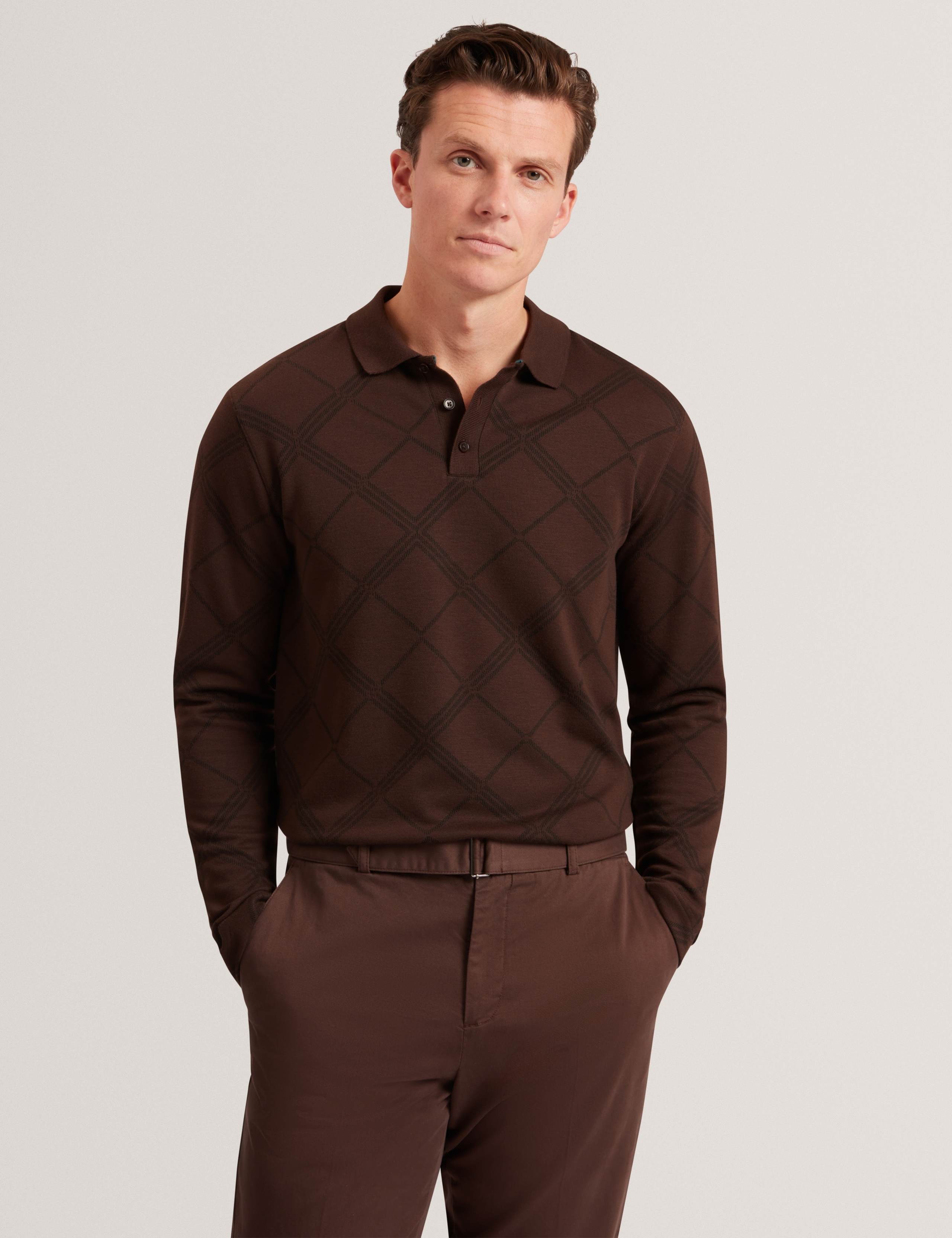 Pure Cotton Checked Long Sleeve Polo Shirt