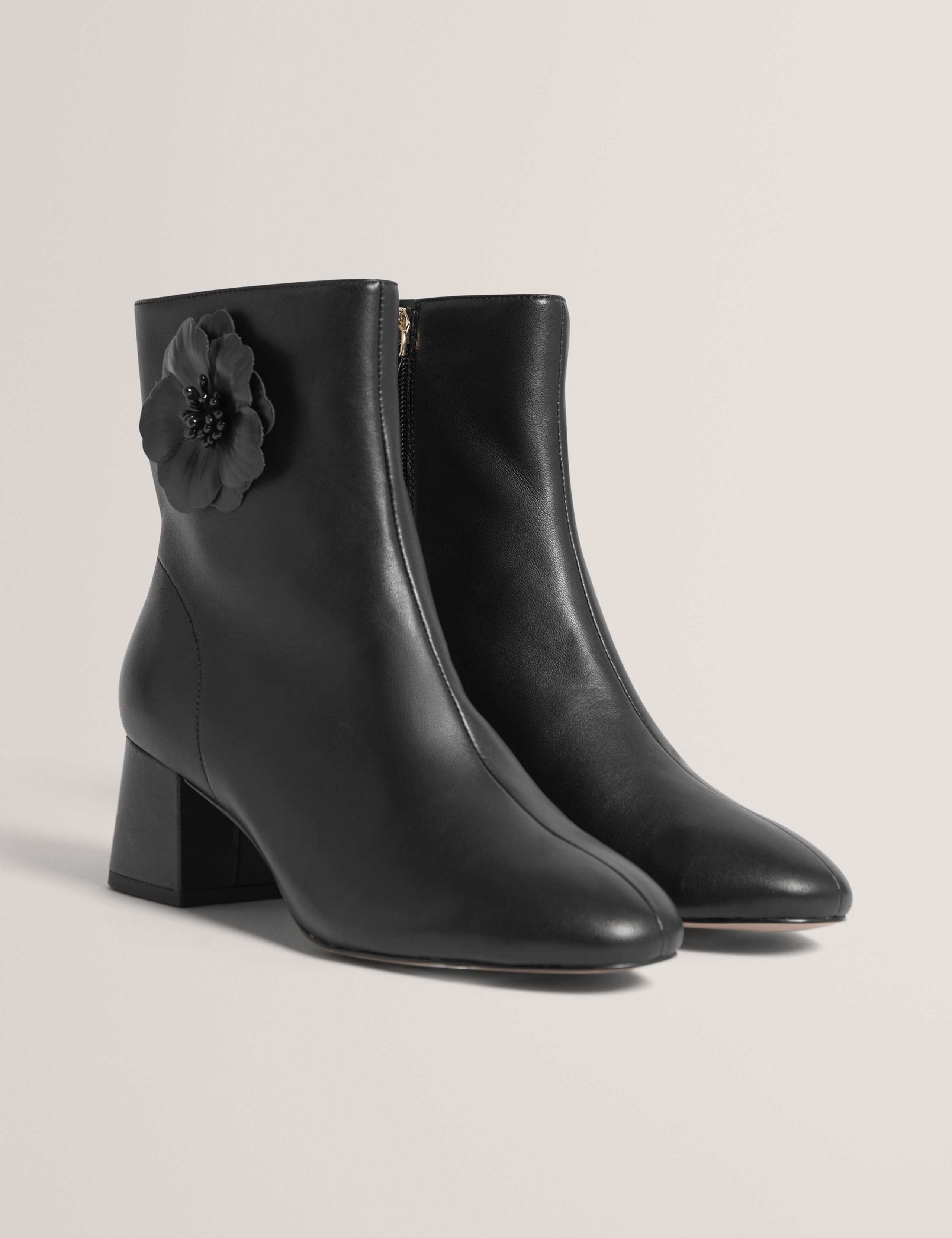 Leather Flower Detail Block Heel Ankle Boots
