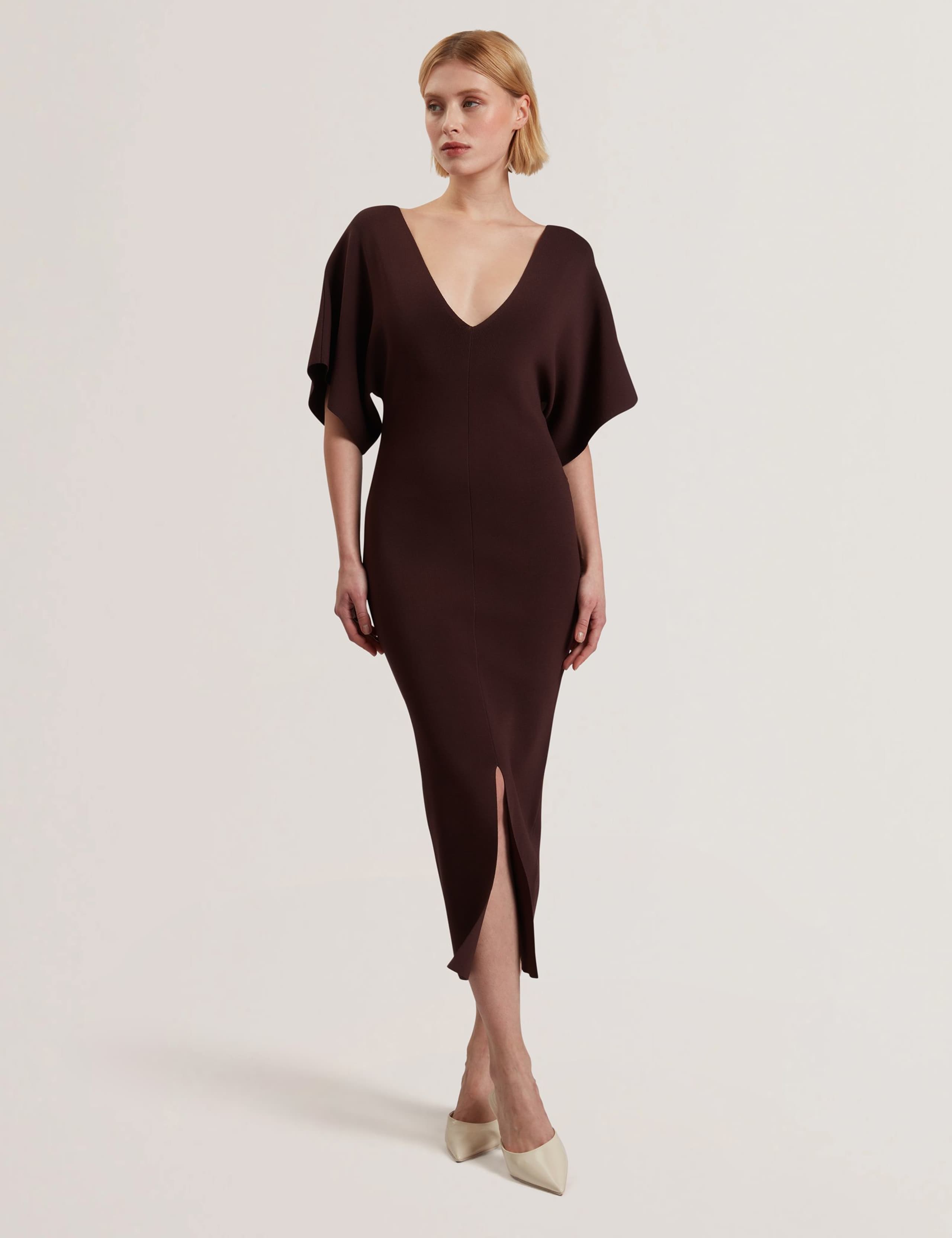 Knitted V-Neck Midi Bodycon Dress