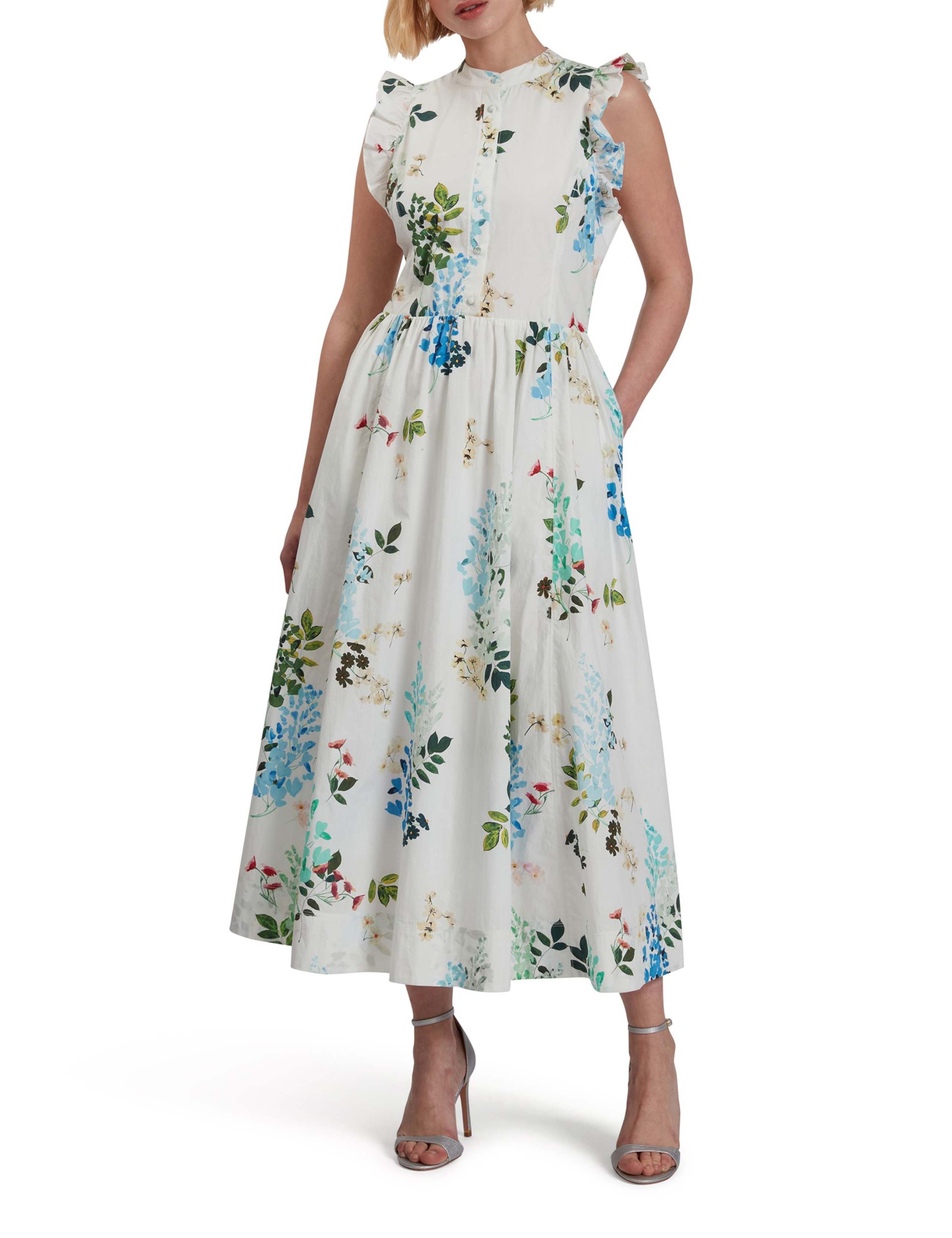Pure Cotton Floral Midi Waisted Dress