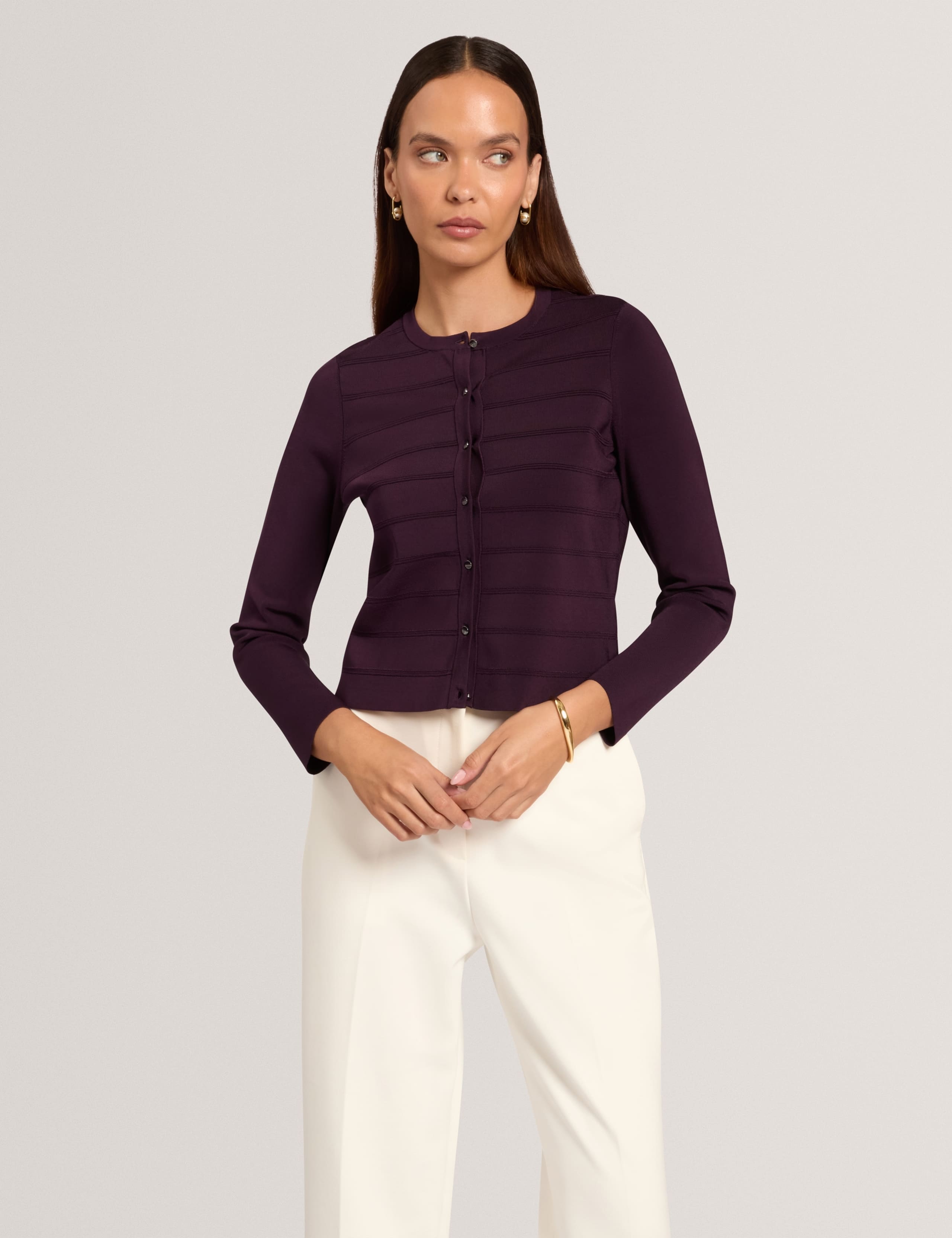 Textured Striped Crew Neck Cropped Cardigan