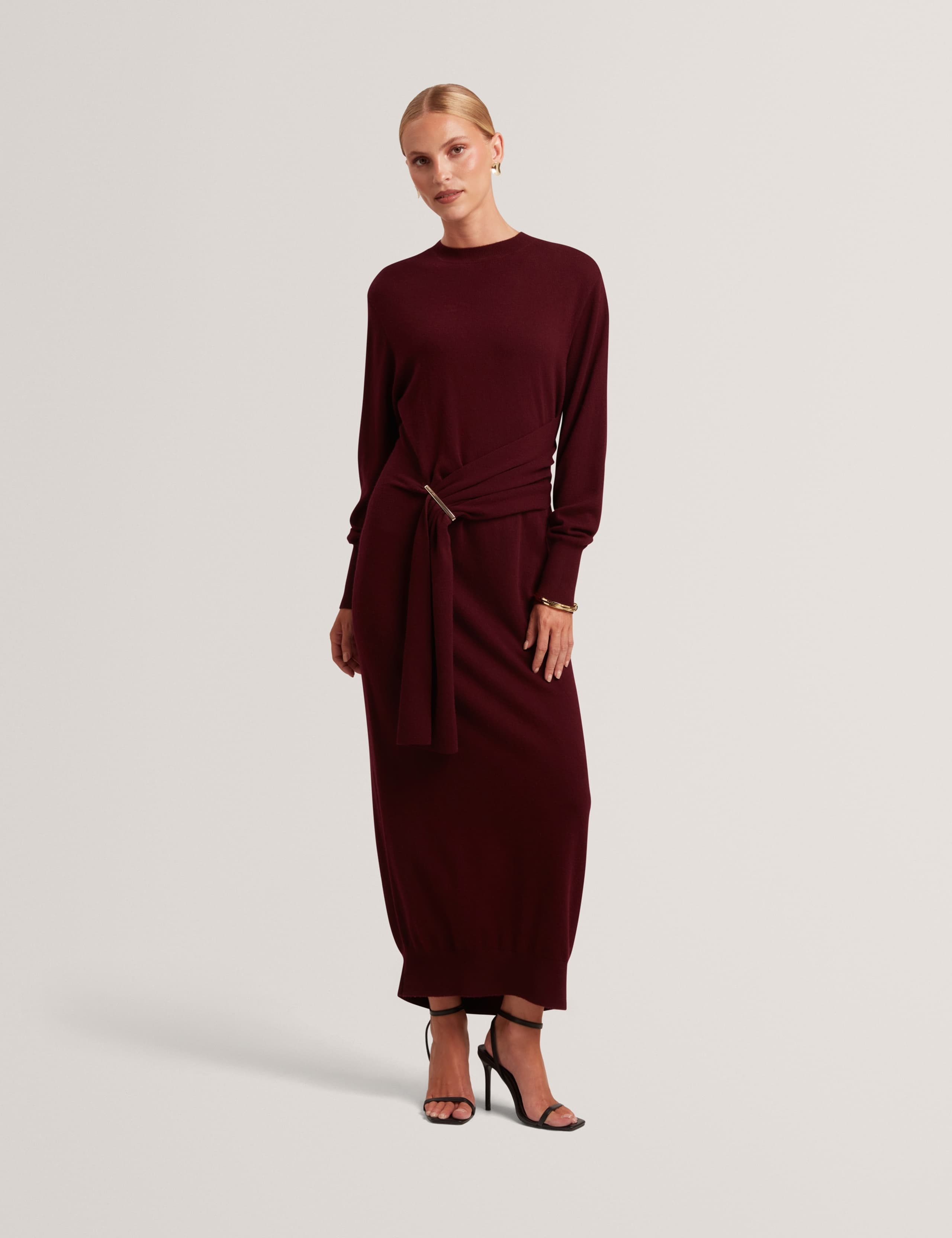 Wool Blend Drape Detail Midi Jumper Dress