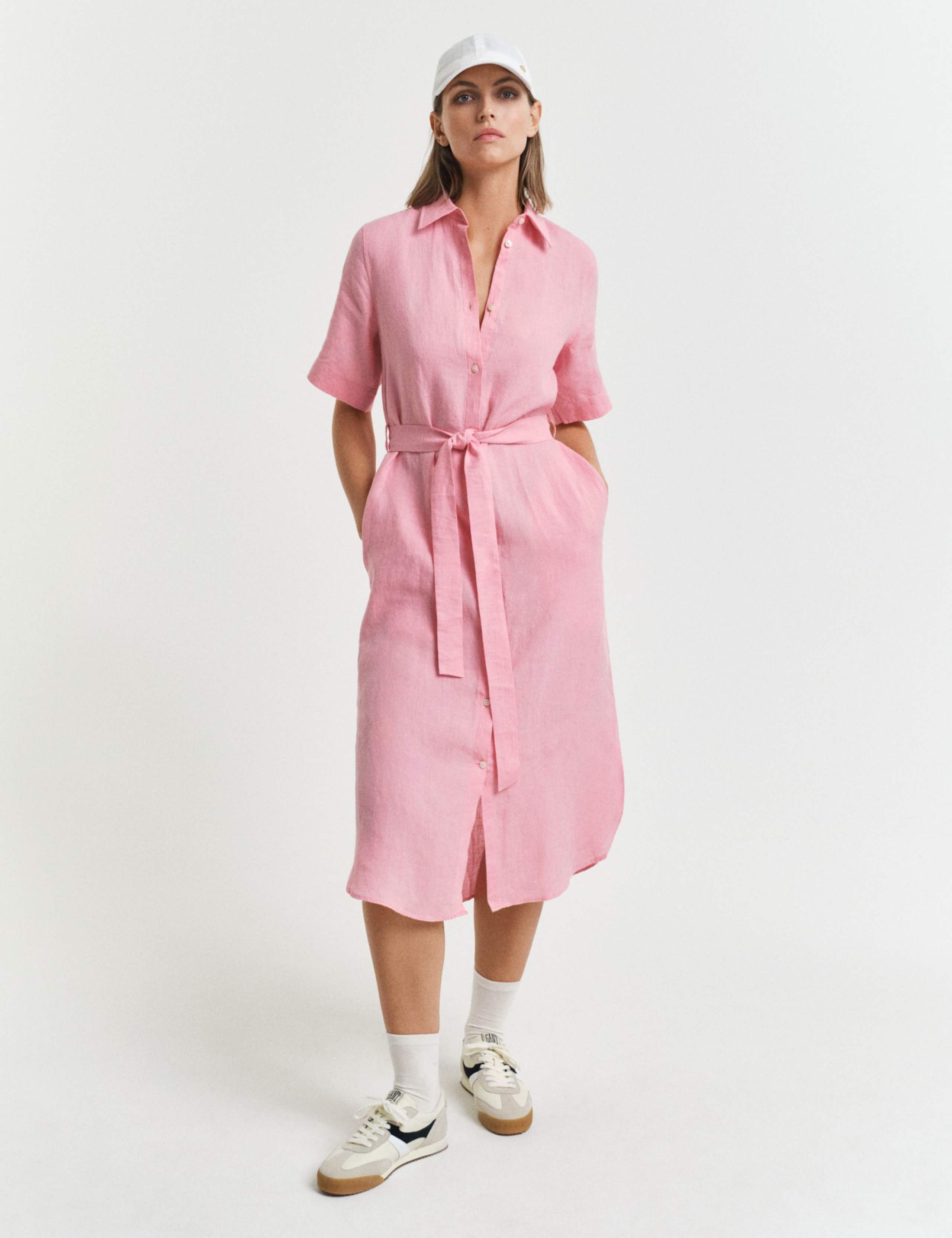 Pure Linen Belted Knee Length Shirt Dress