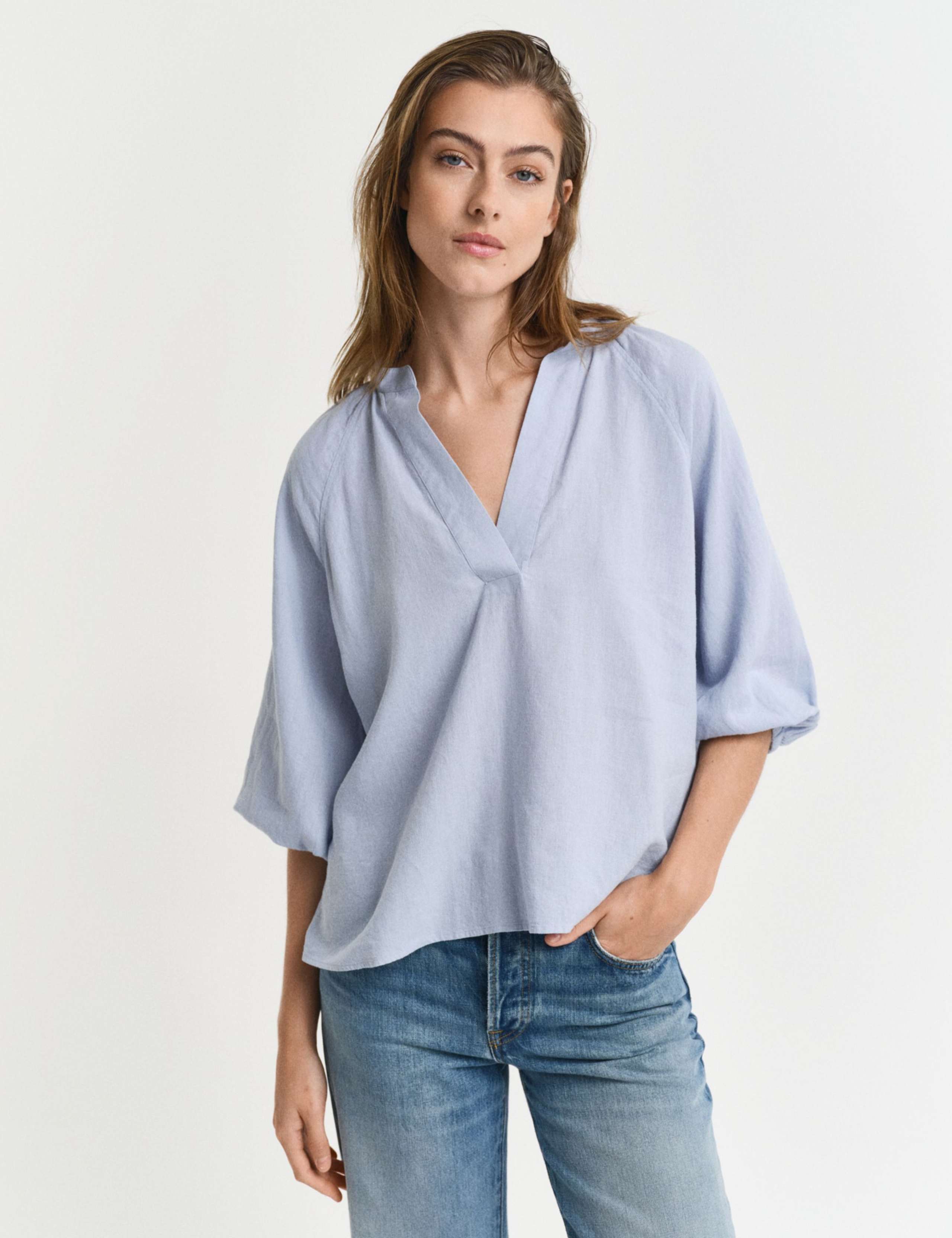 Linen Blend Notch Neck Stand Collar Blouse