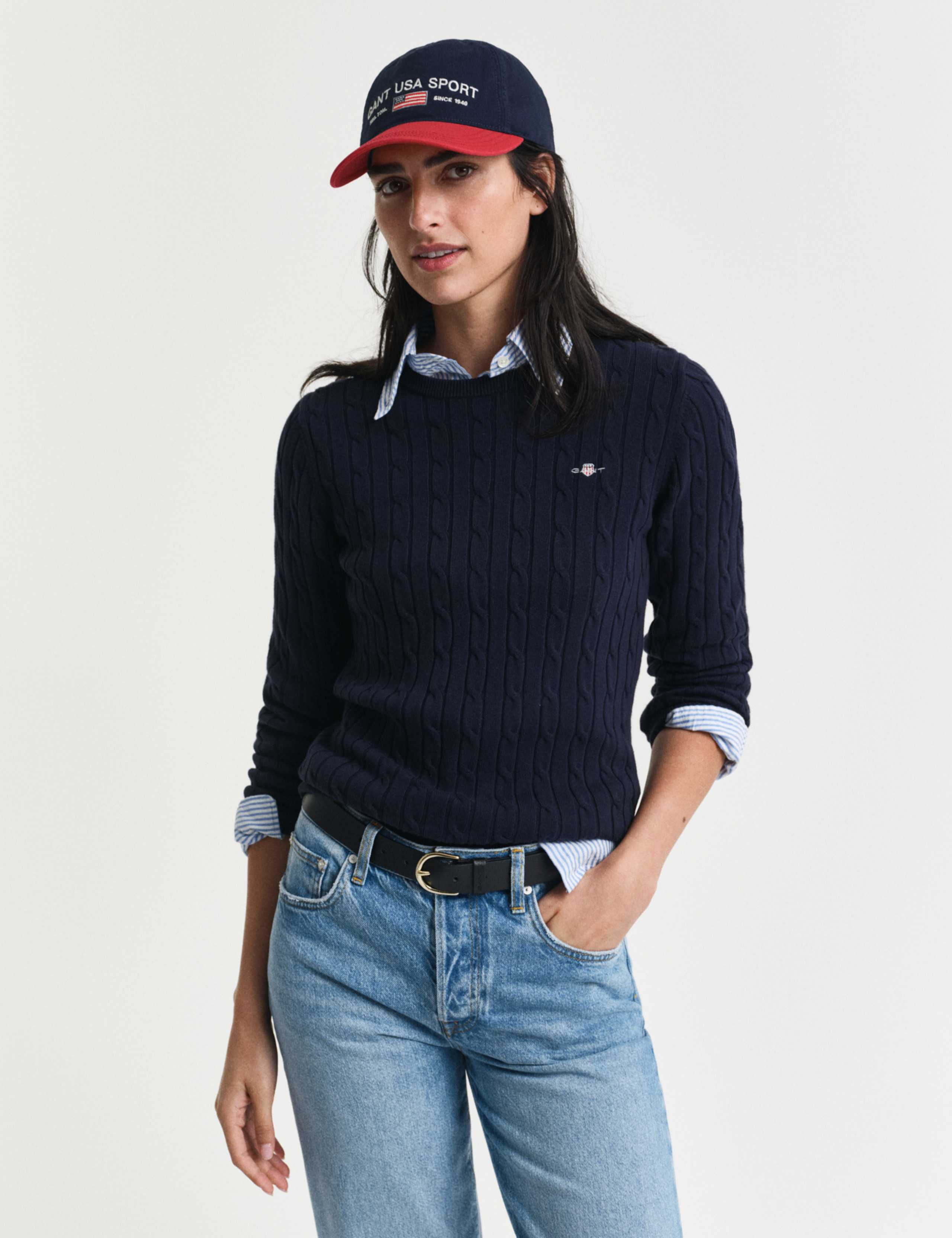 Cotton Rich Cable Knit Crew Neck Jumper