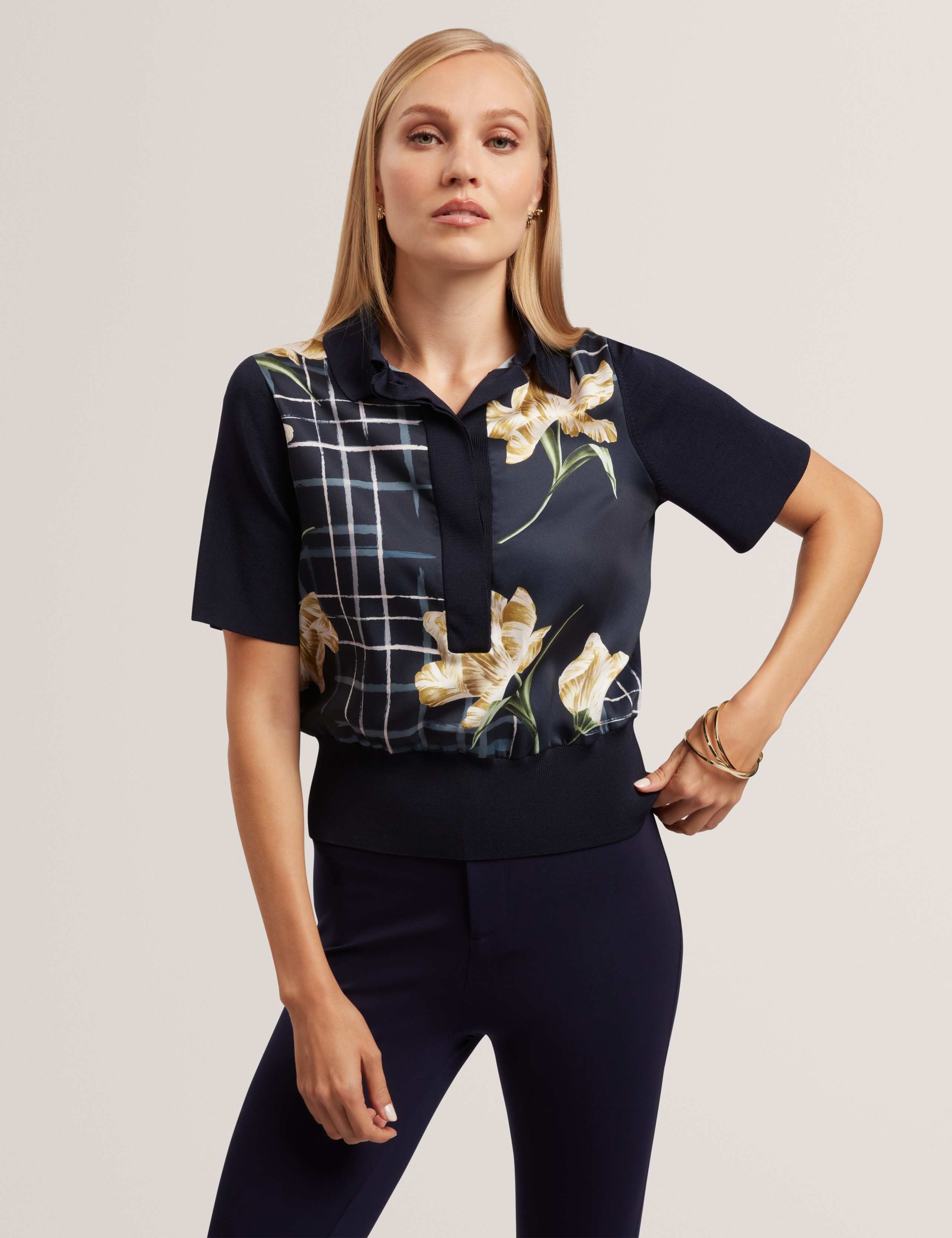 Floral Woven Front Polo Top
