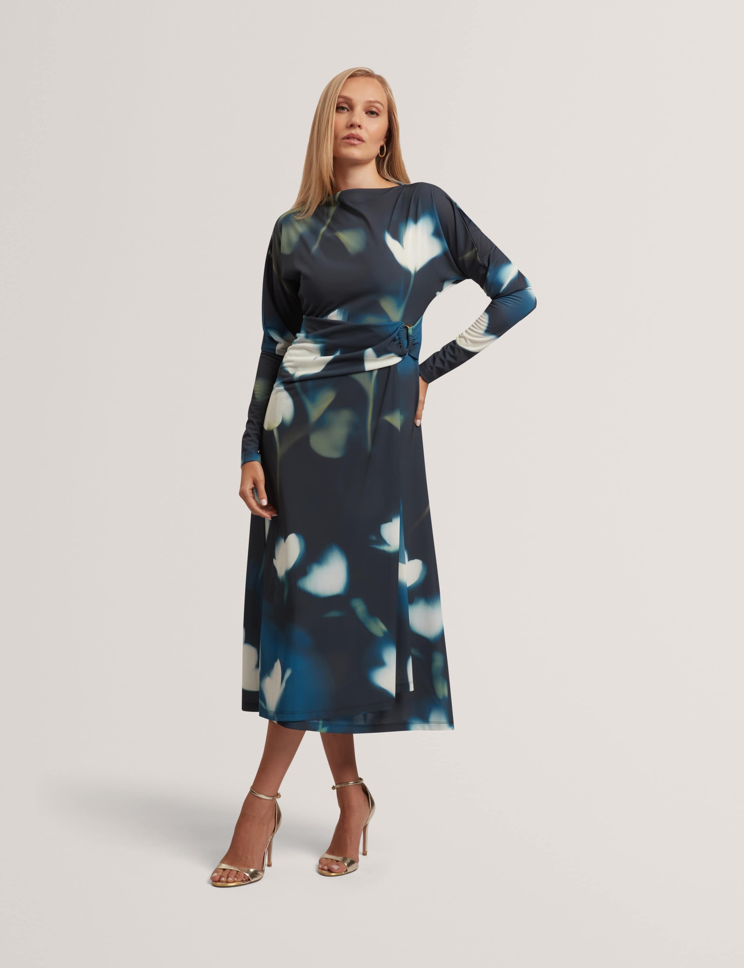 Jersey Floral Slash Neck Midi Wrap Dress