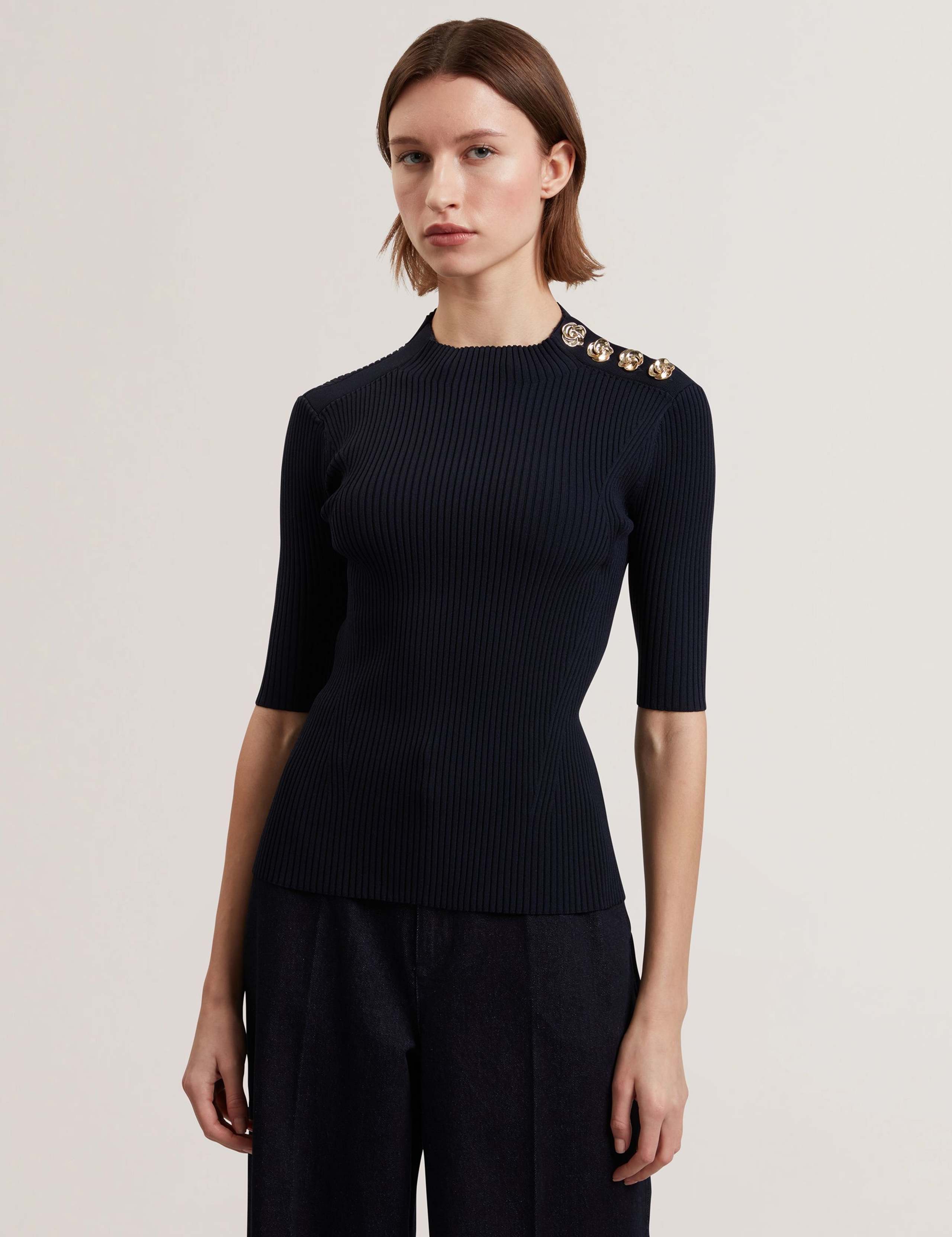 Ribbed High Neck Button Detail Top