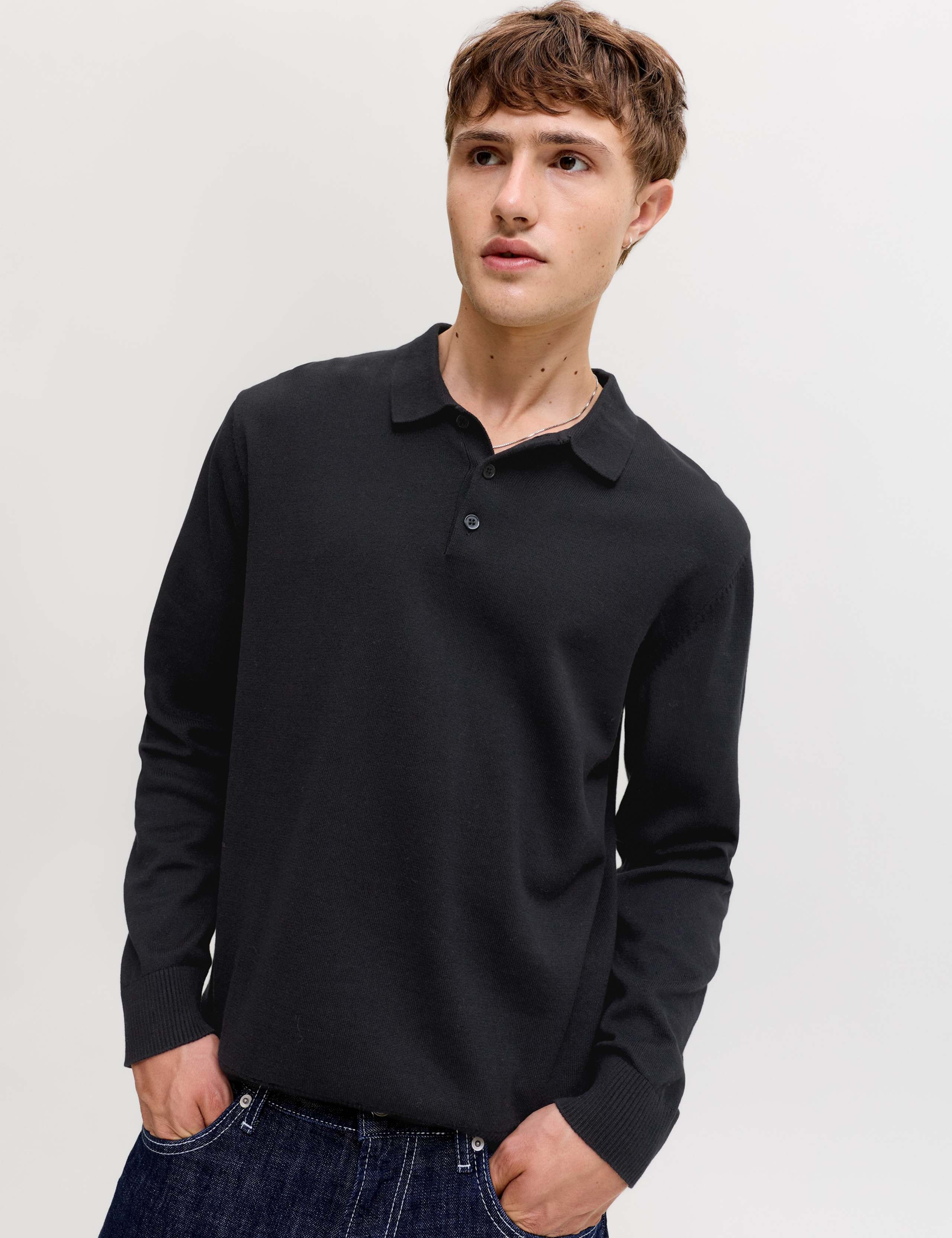 Pure Cotton Knitted Long Sleeve Polo Shirts