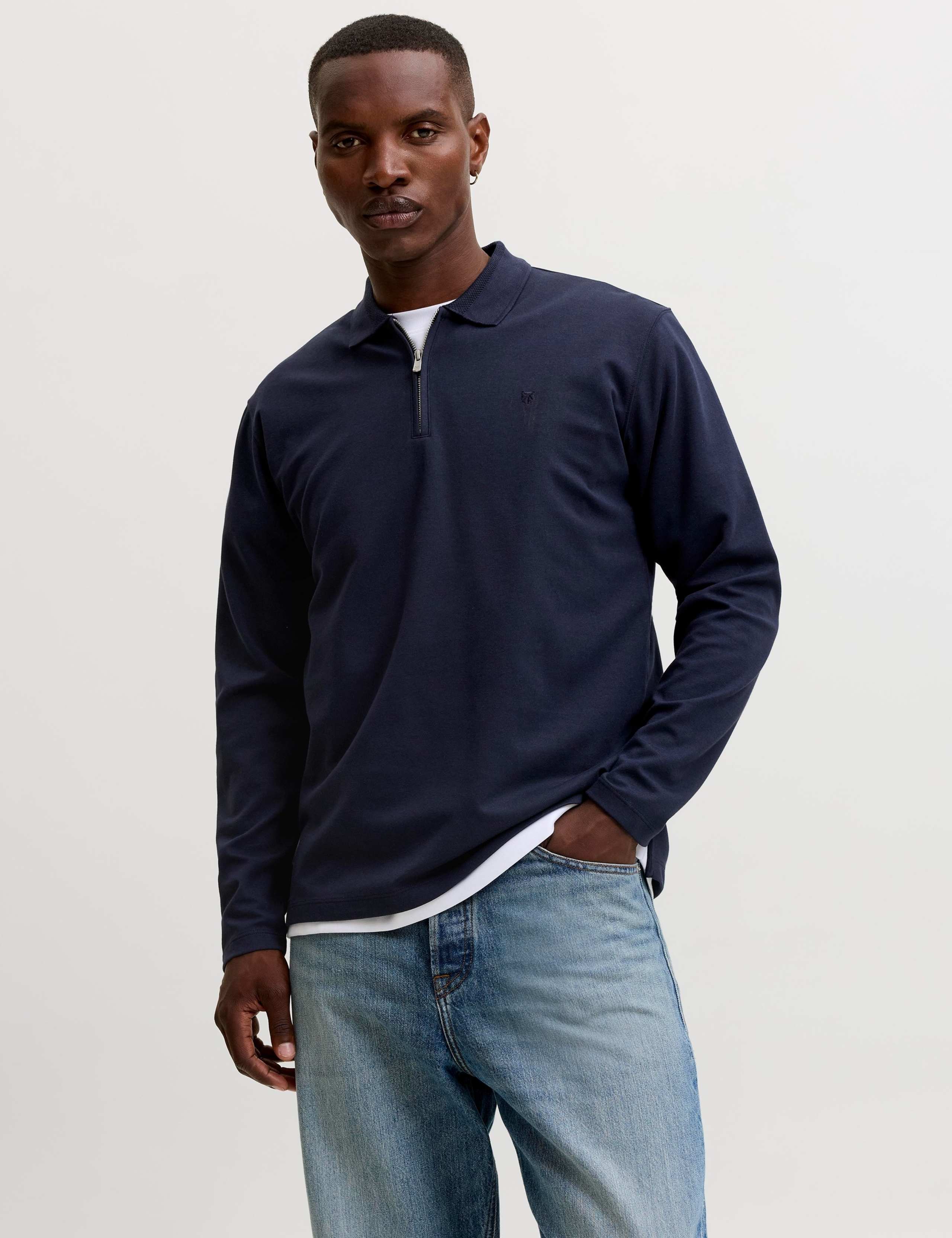 Cotton Blend Half Zip Long Sleeve Polo Shirt