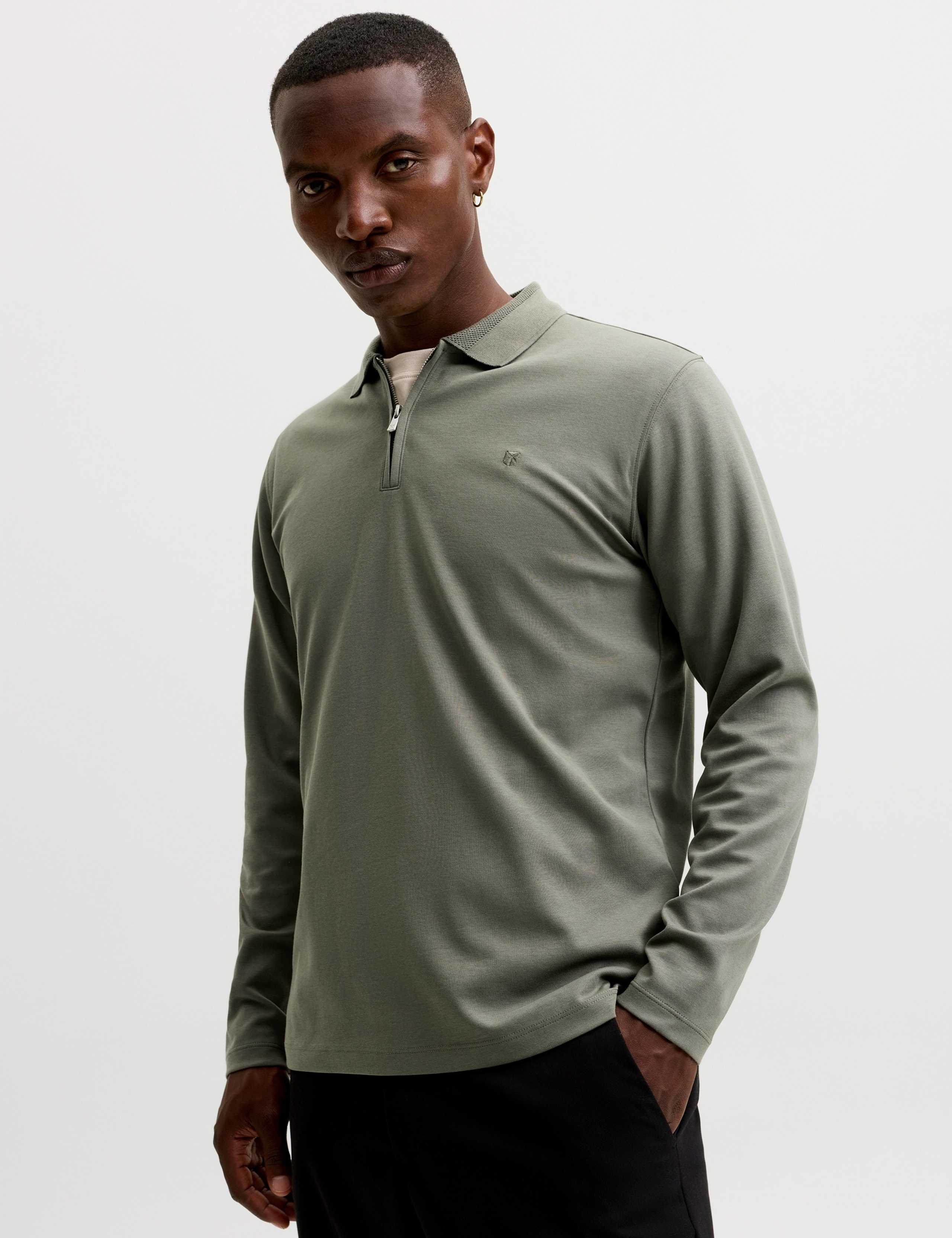 Cotton Blend Half Zip Long Sleeve Polo Shirt