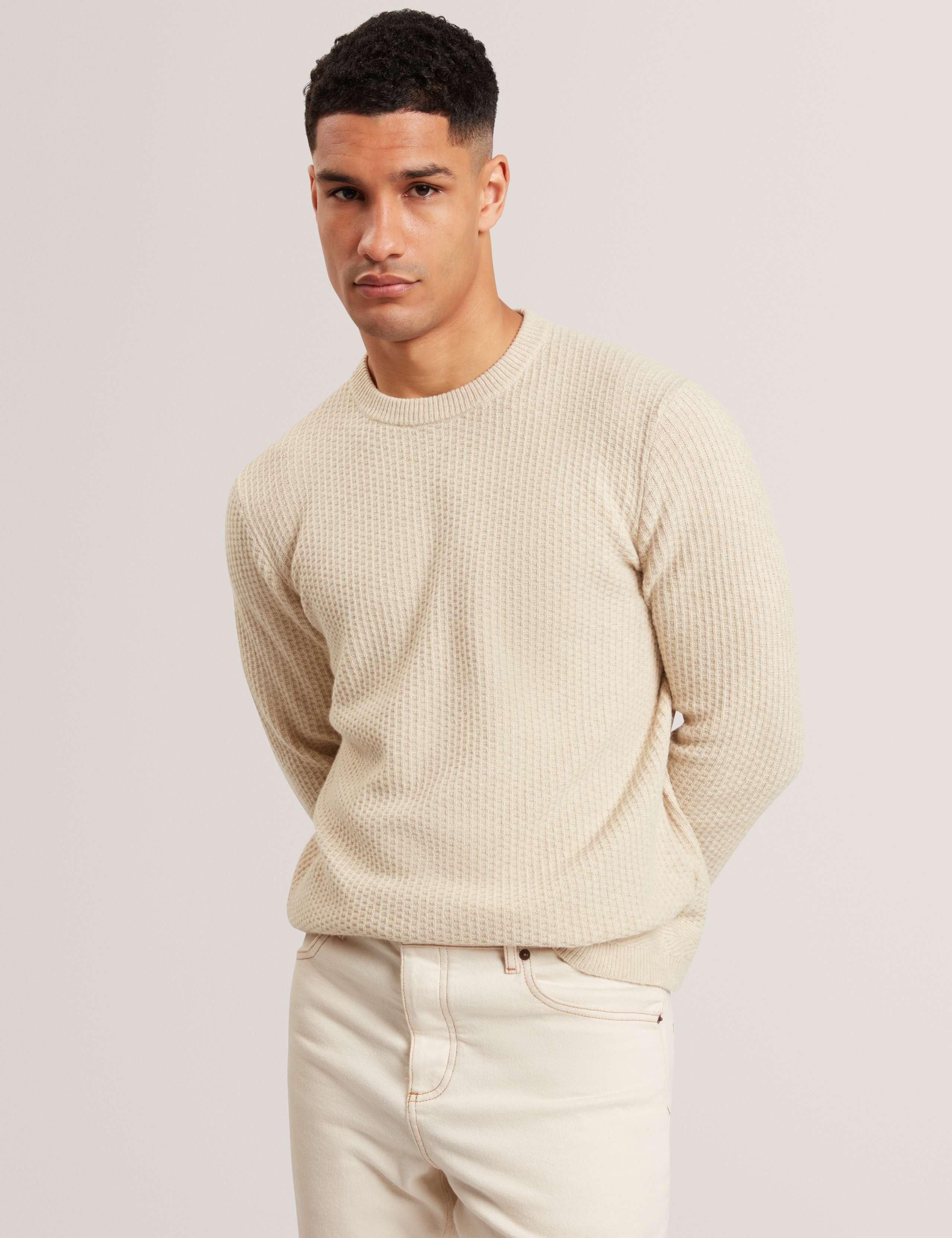 Cotton Blend Textured Crew Neck Jumper