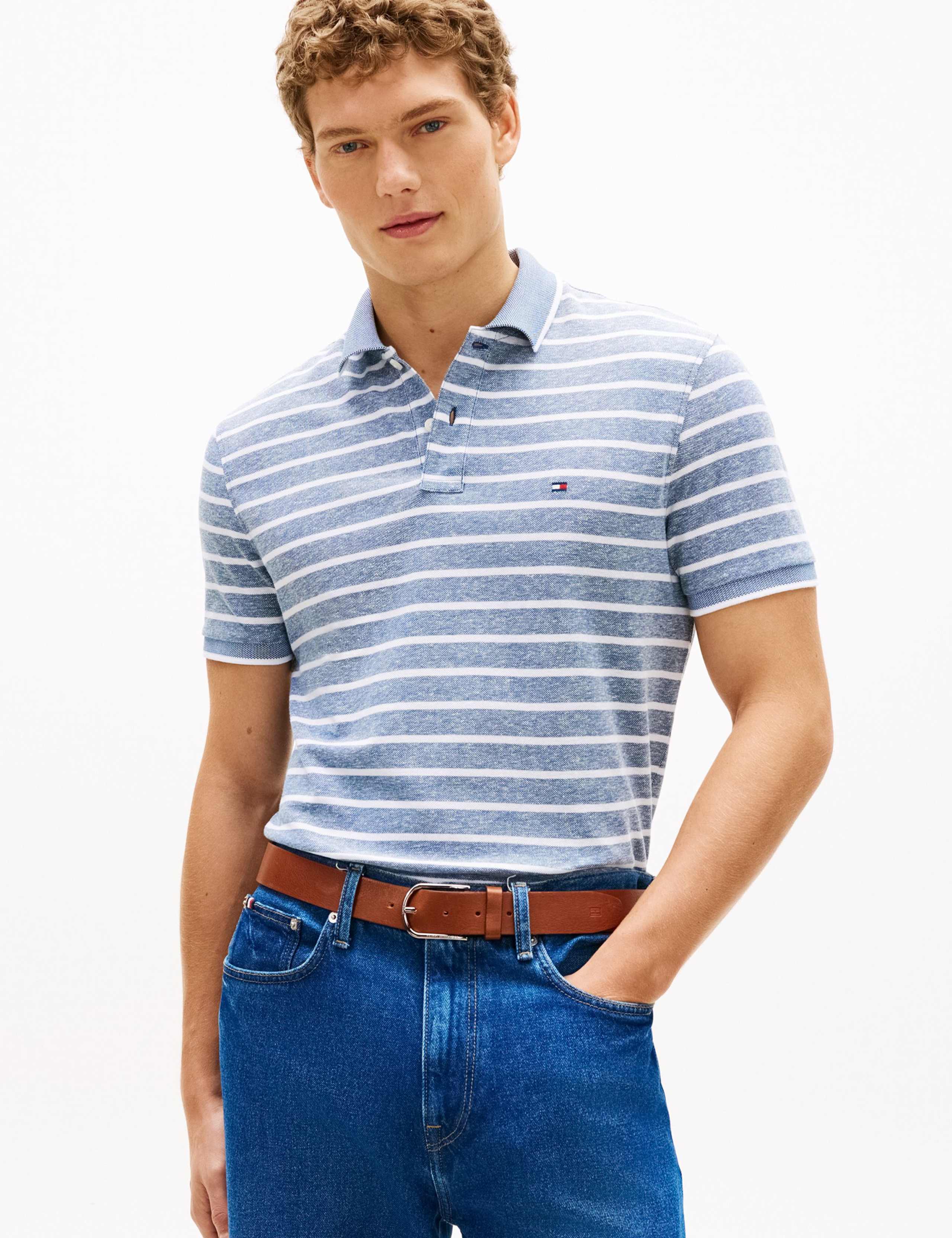 Cotton Rich Striped Polo Shirt with Linen