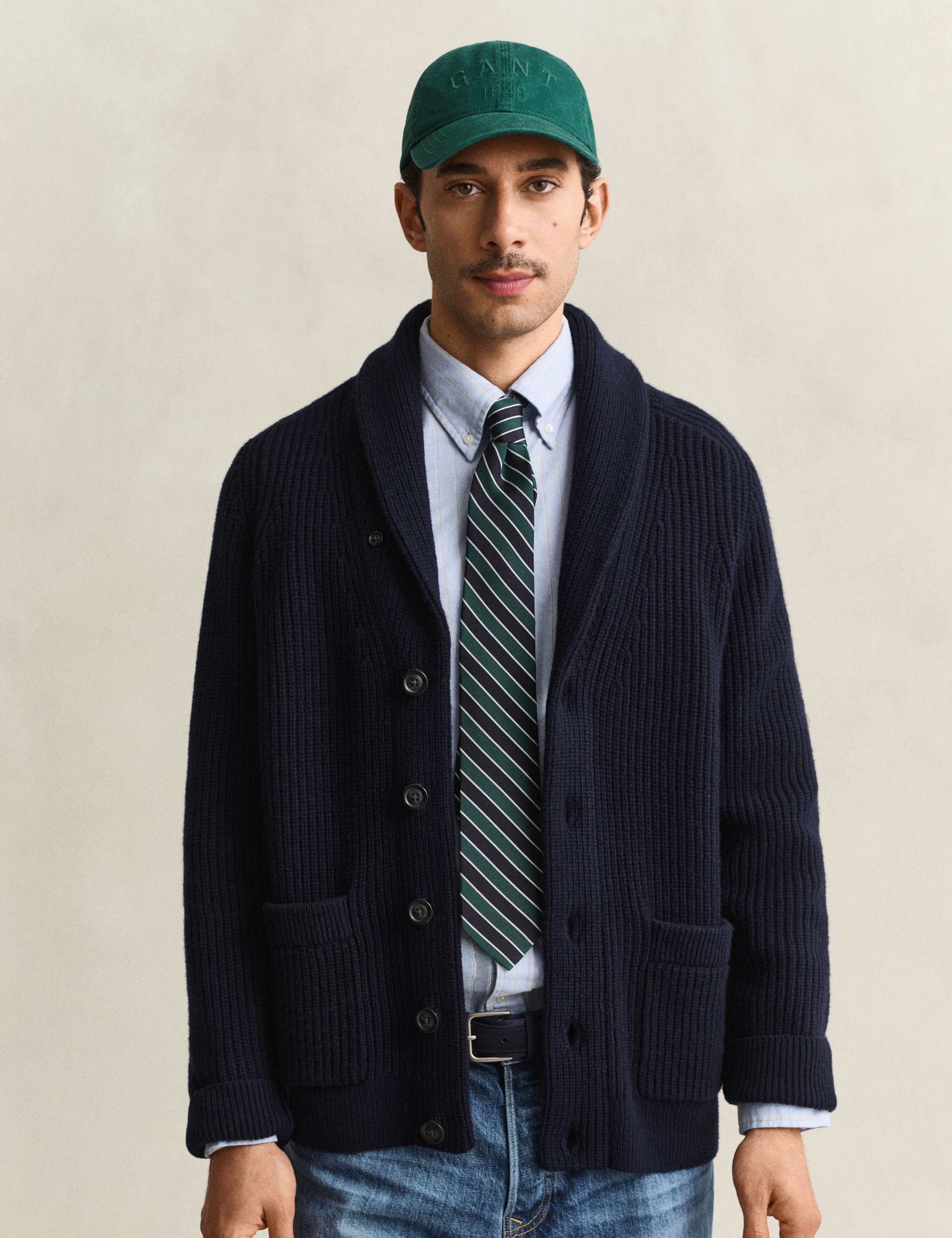 Lambswool Blend Ribbed Shawl Collar Cardigan