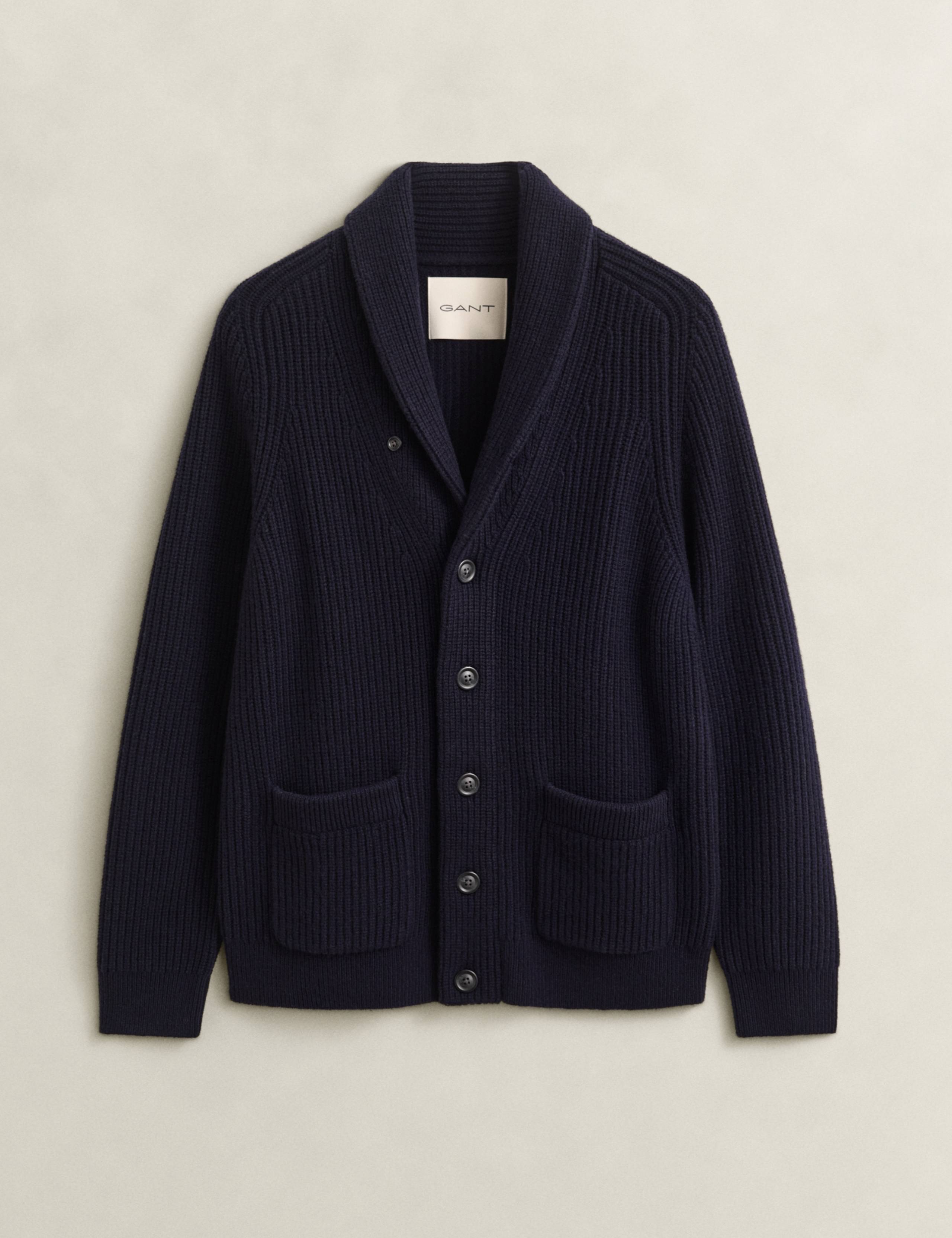 Lambswool Blend Ribbed Shawl Collar Cardigan