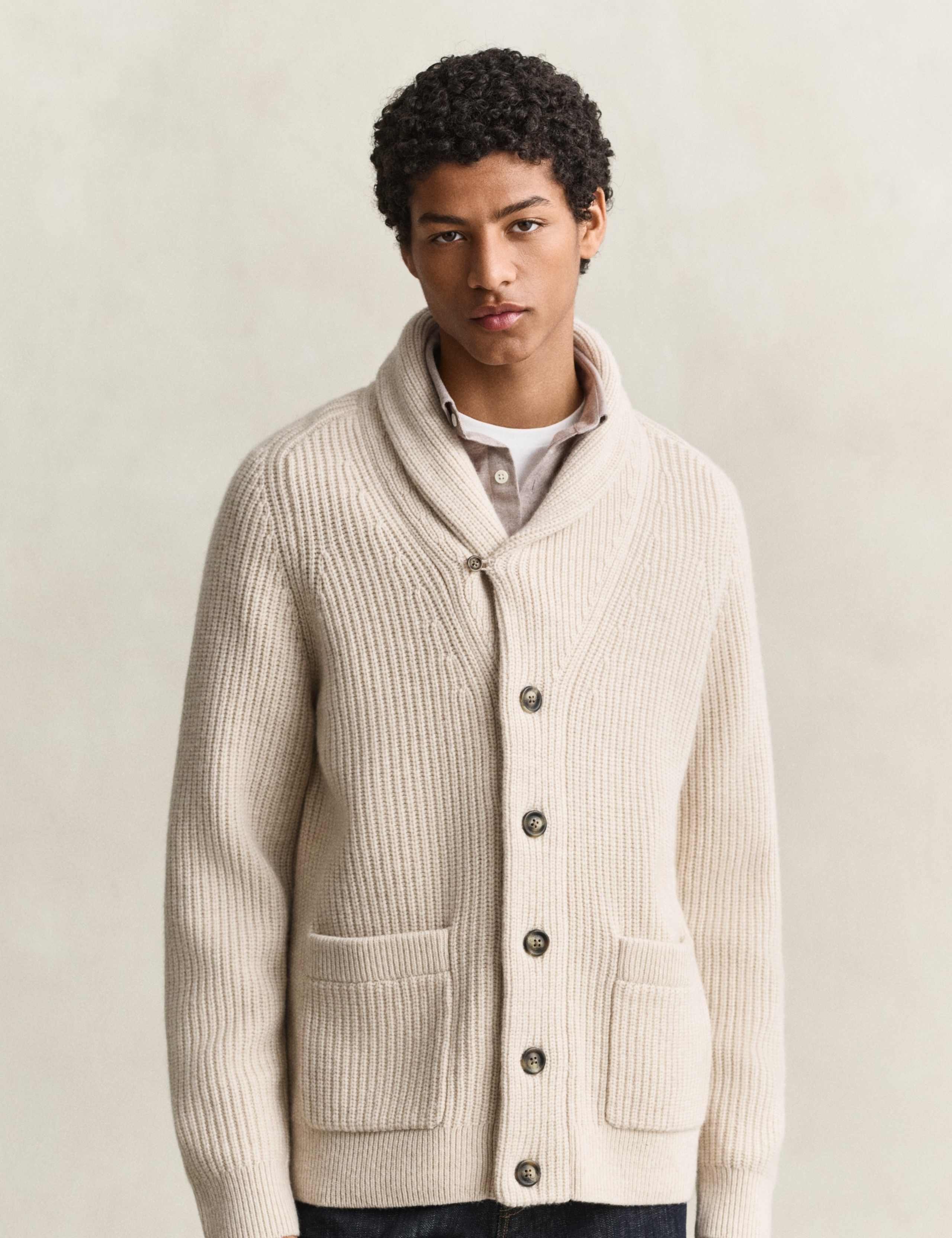 Lambswool Blend Ribbed Shawl Collar Cardigan