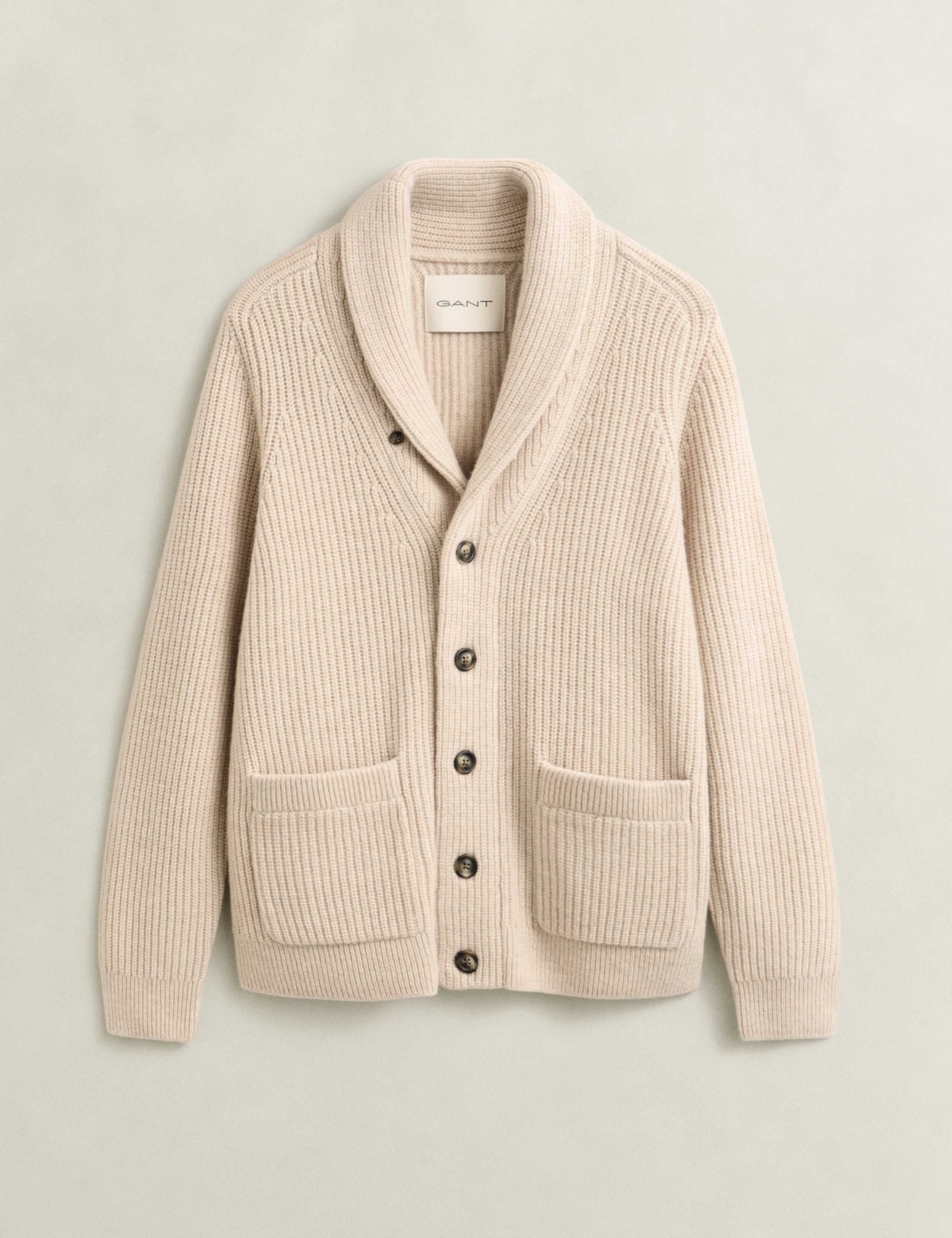 Lambswool Blend Ribbed Shawl Collar Cardigan