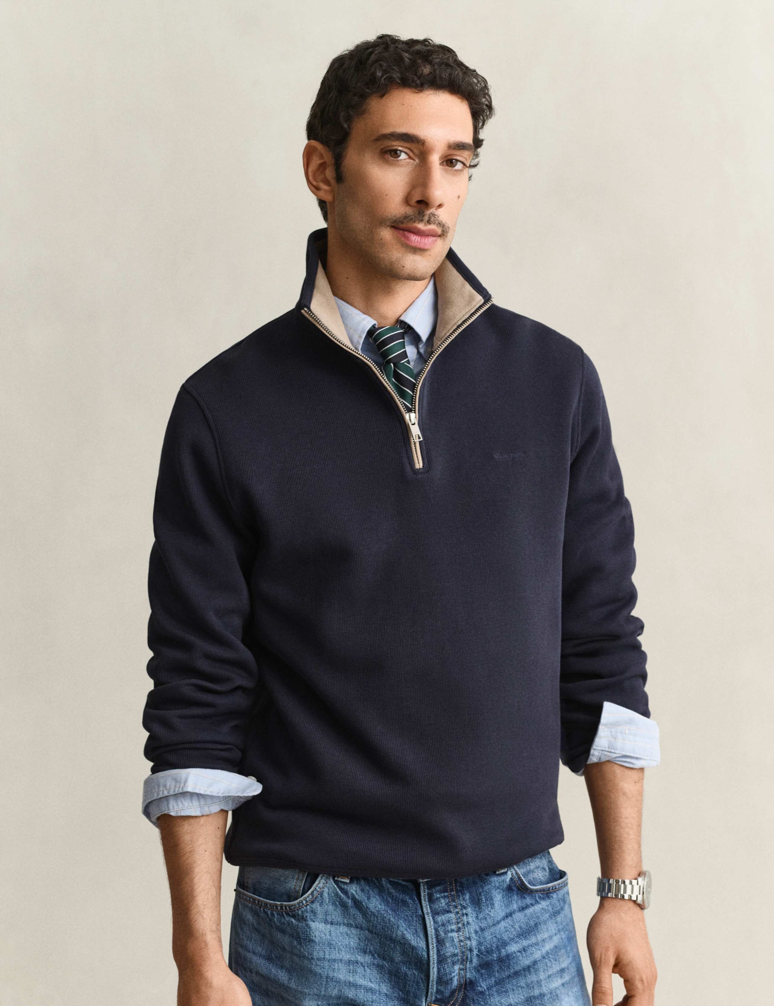 Pure Cotton Ribbed Half Zip Sweatshirt