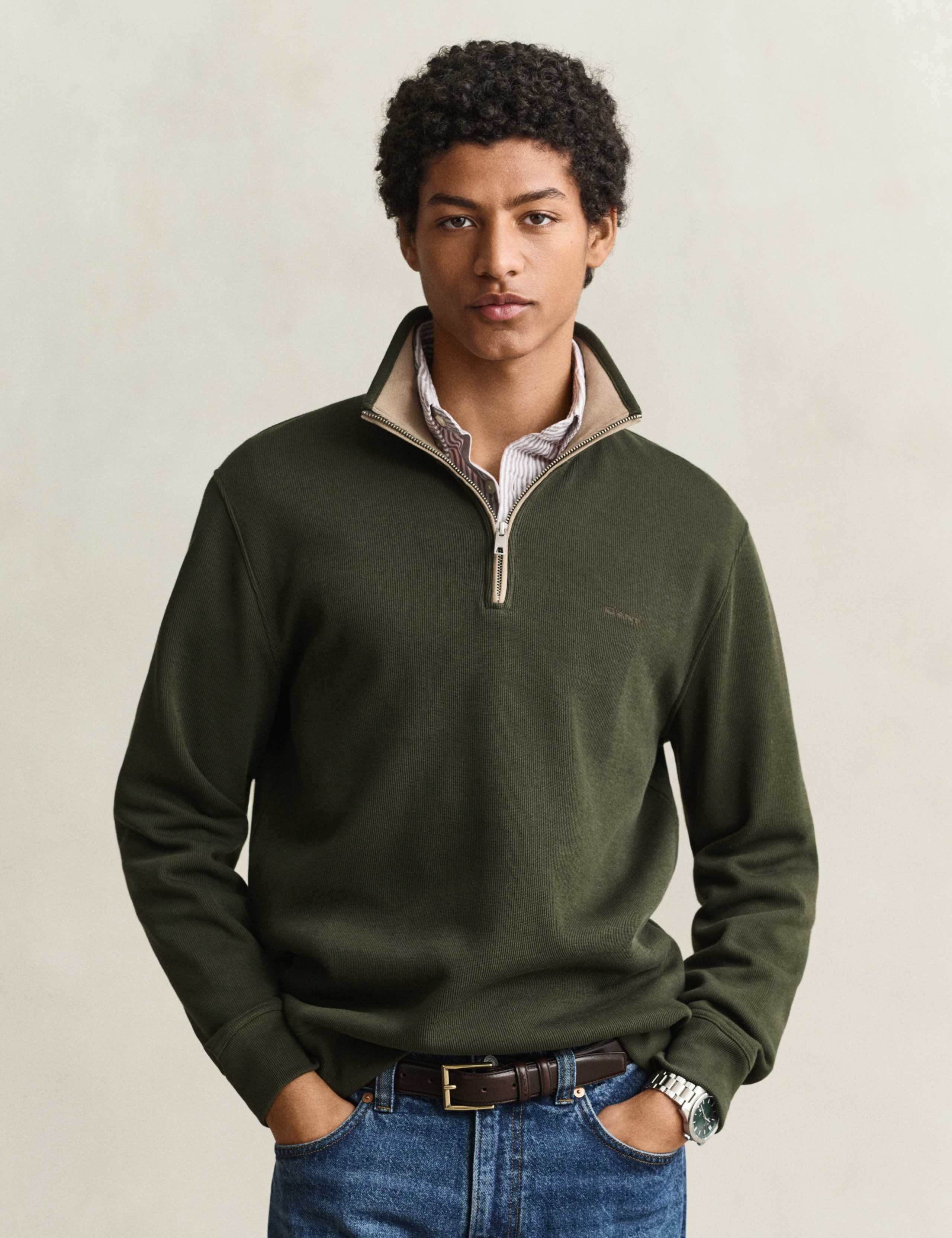 Pure Cotton Ribbed Half Zip Sweatshirt