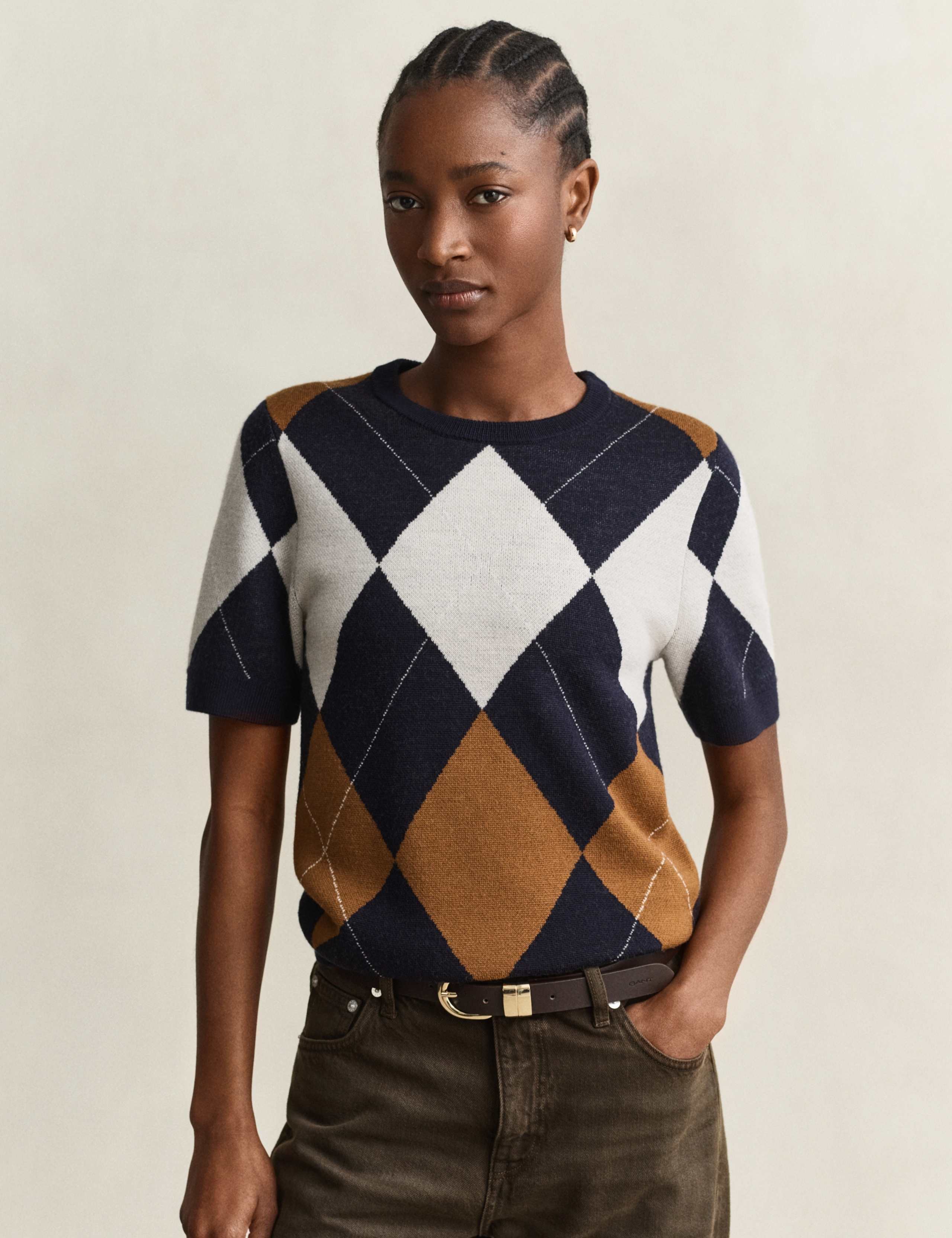 Pure Merino Wool Argyle Knitted Top