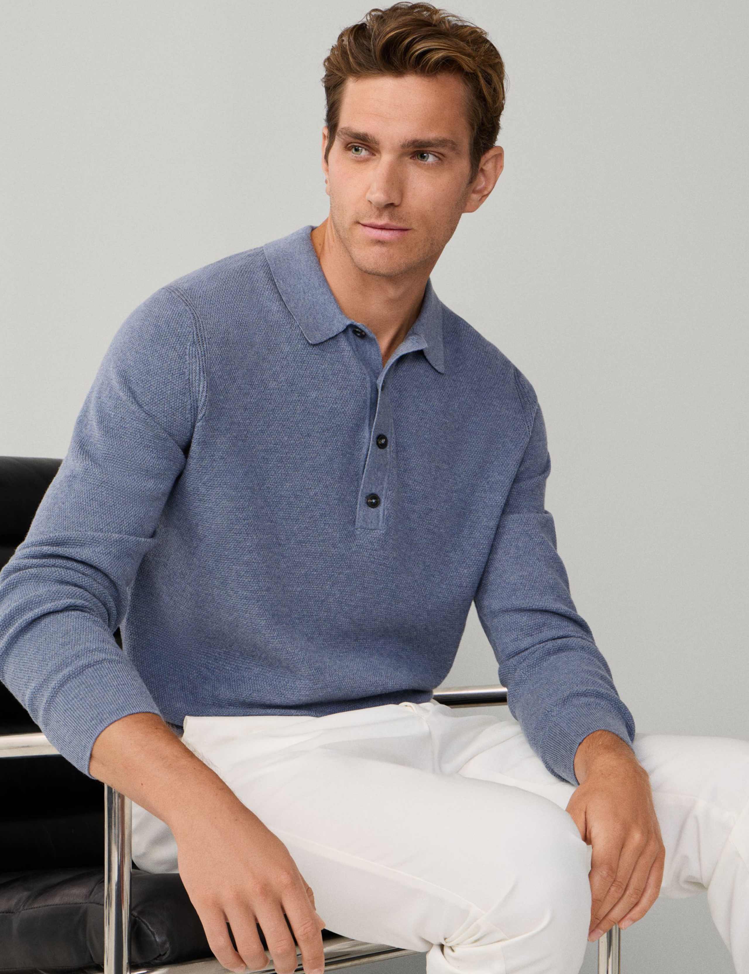 Merino Wool Rich Textured Knitted Polo Shirt