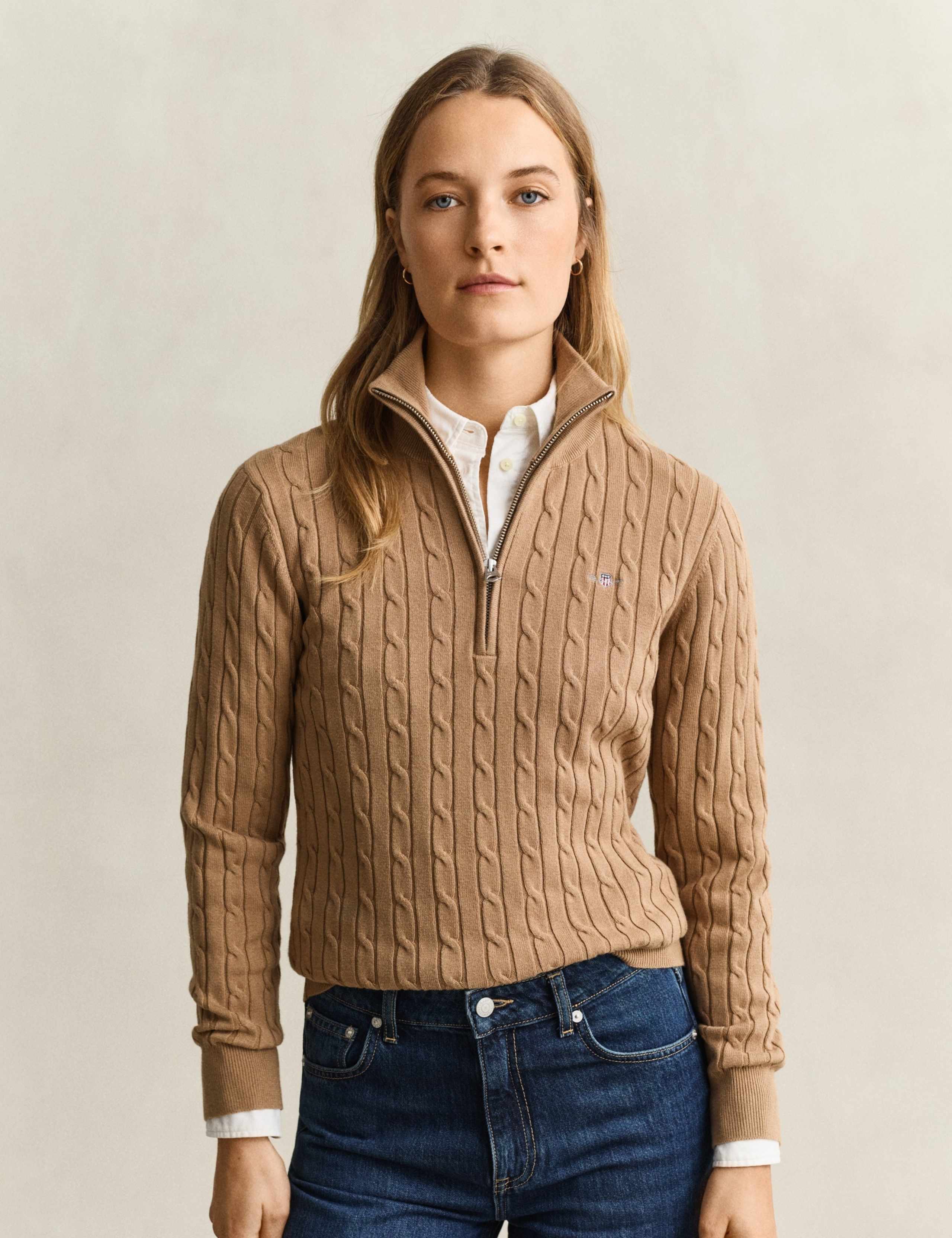 Cotton Rich Textured Funnel Neck Half Zip Jumper