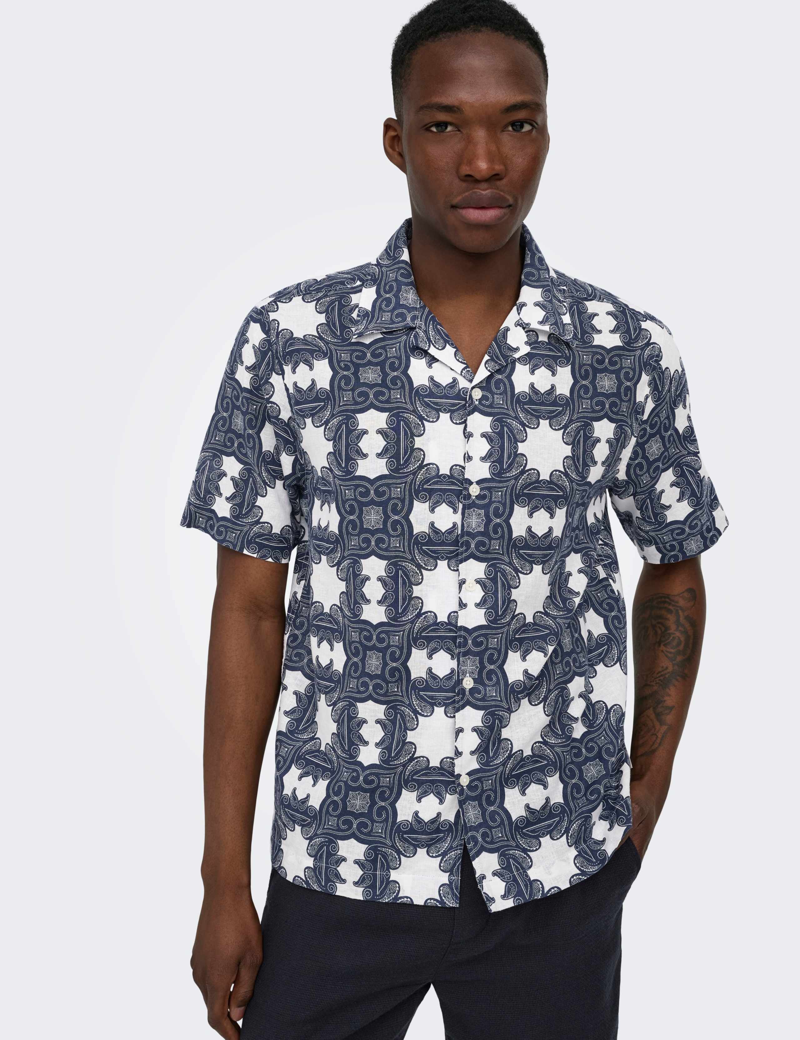 Regular Fit Cotton Linen Blend Printed Shirt