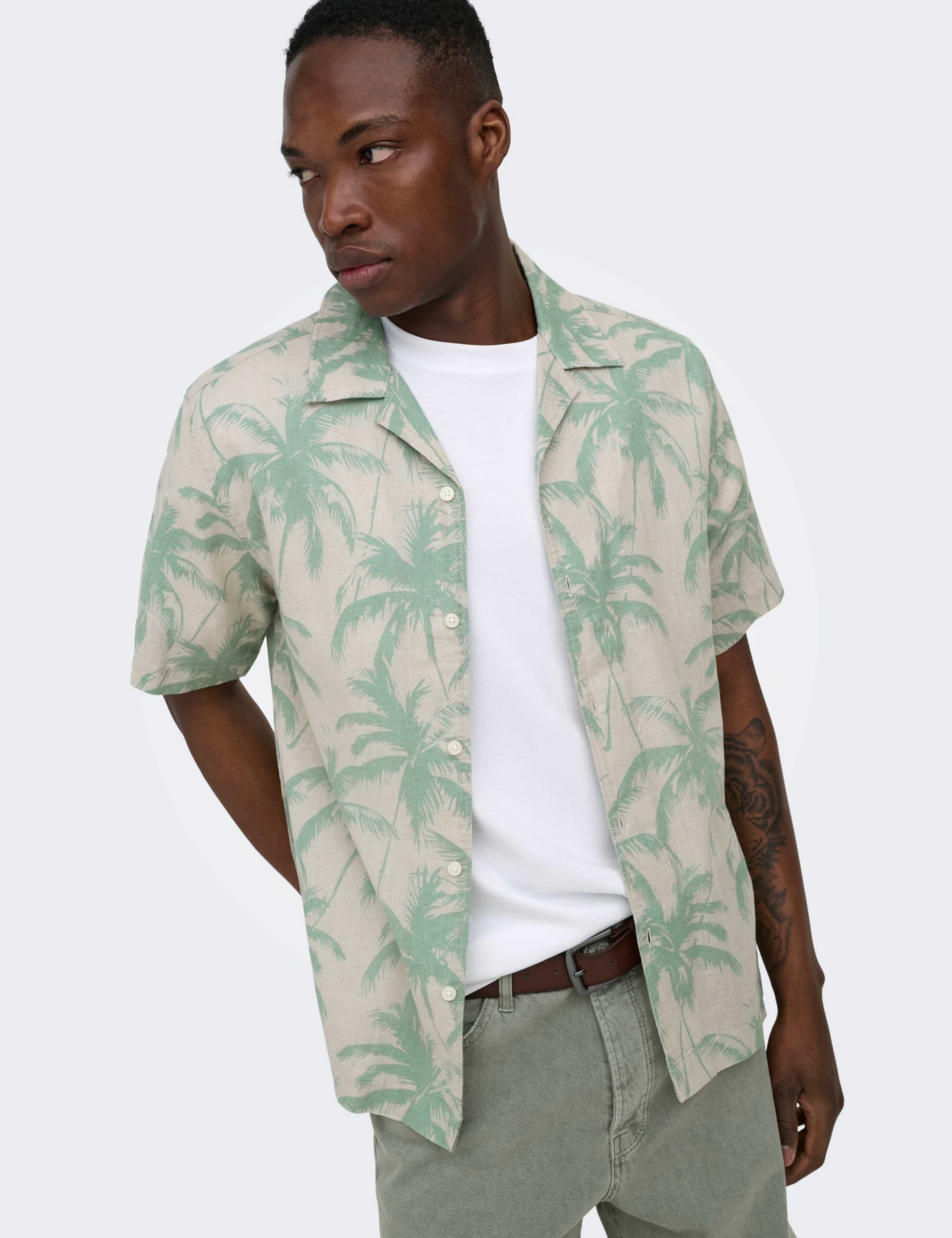 Regular Fit Cotton Linen Blend Printed Shirt