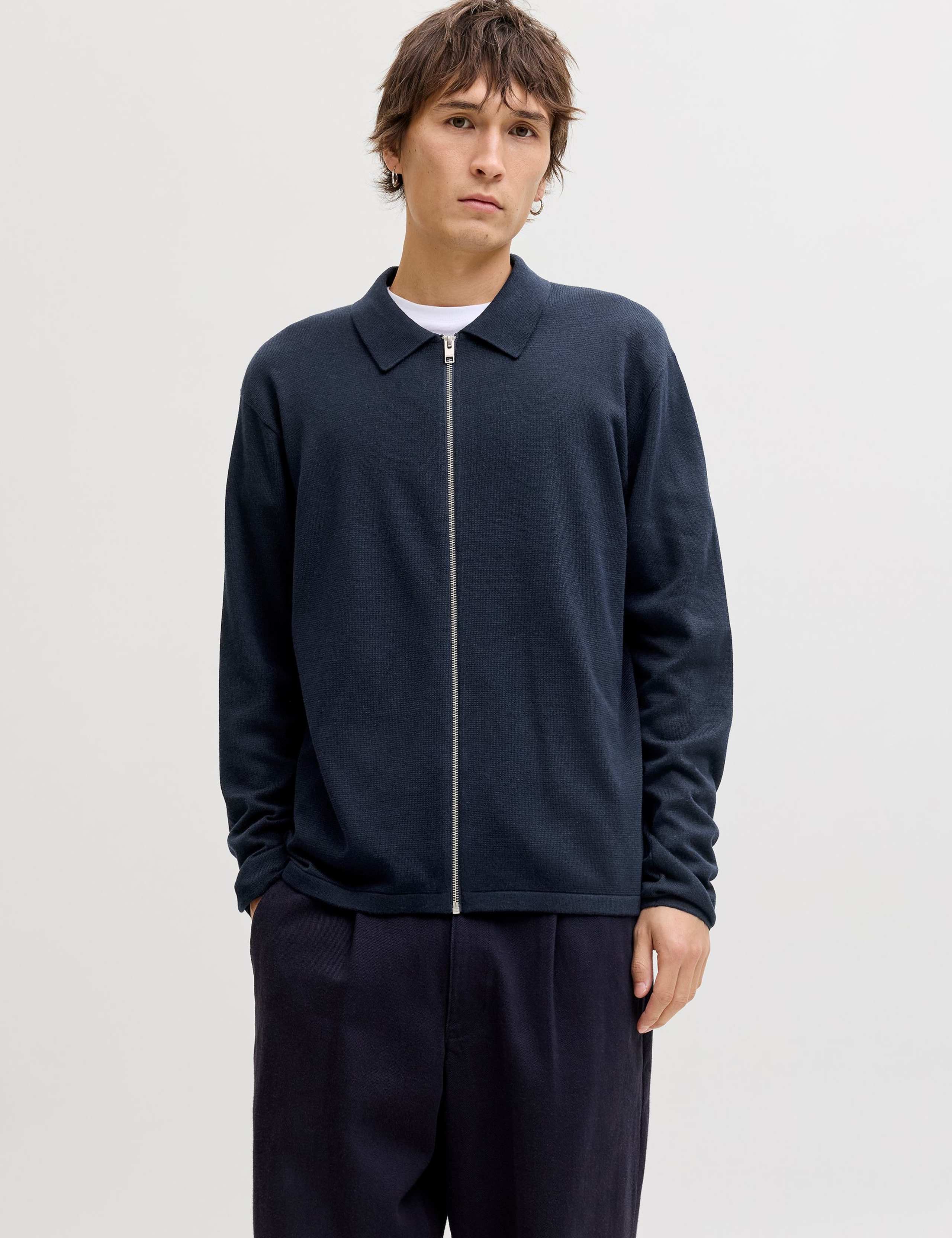 Cotton Blend Zip Up Cardigan