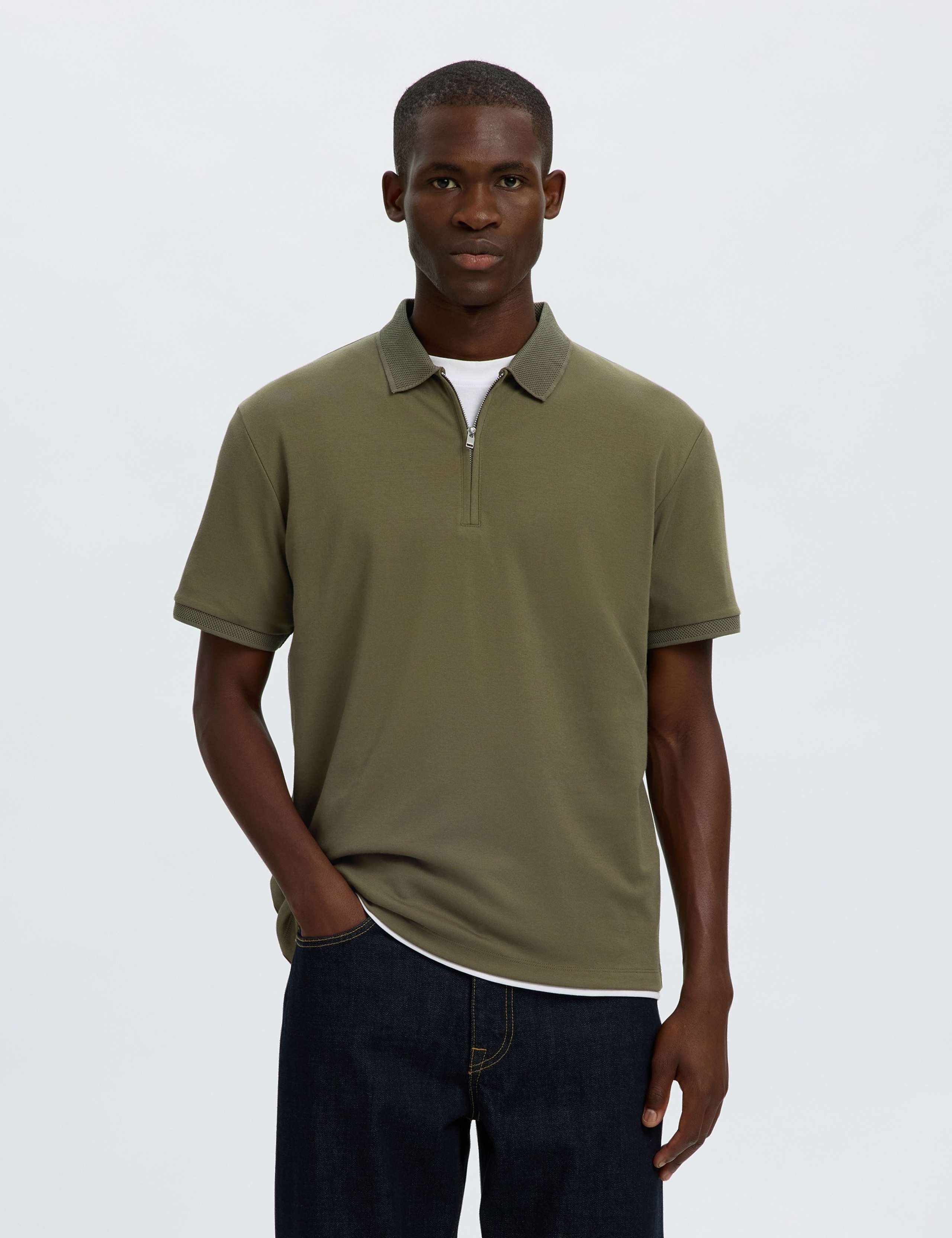 Cotton Blend Half Zip Polo Shirt