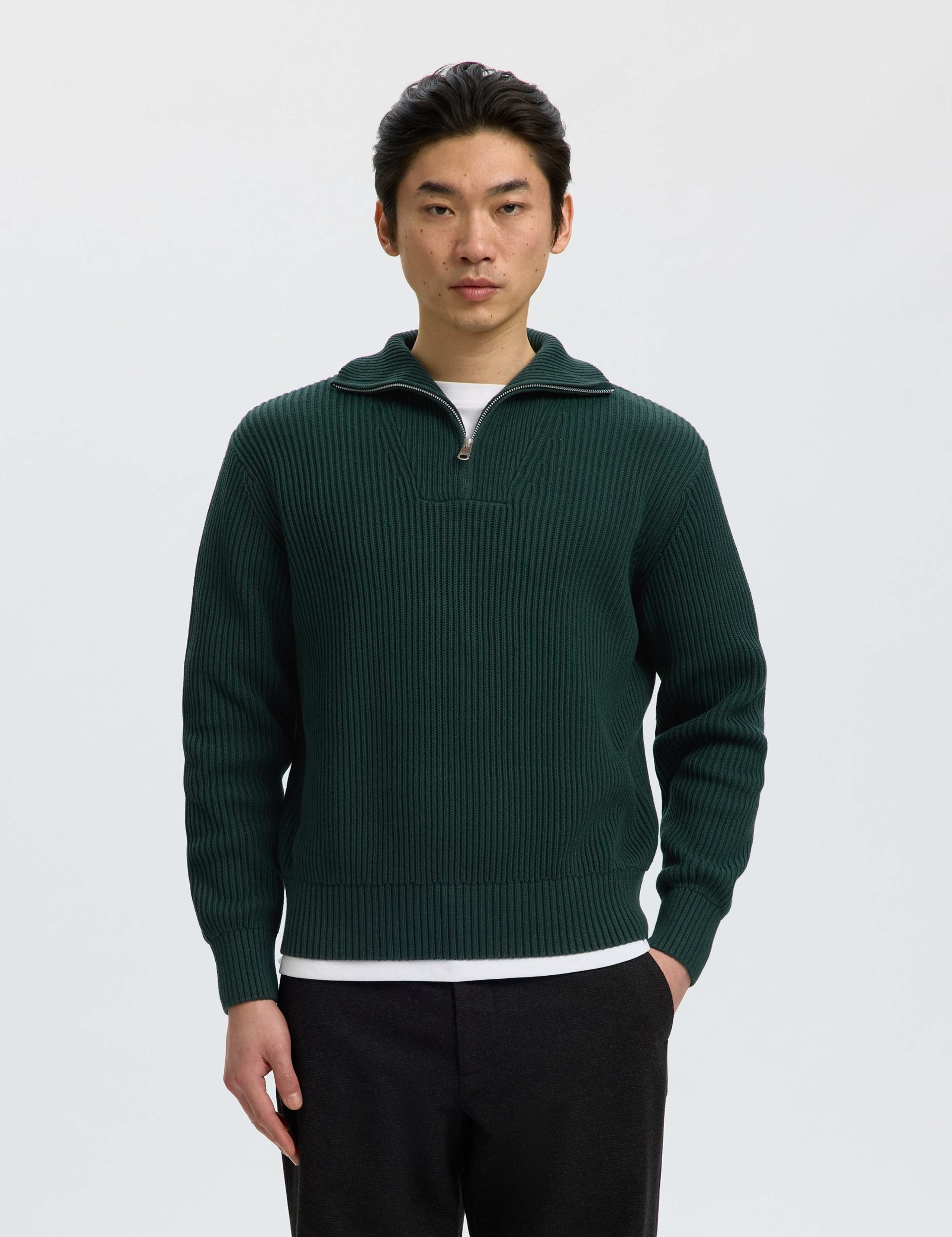 Pure Cotton Ribbed Half Zip Jumper