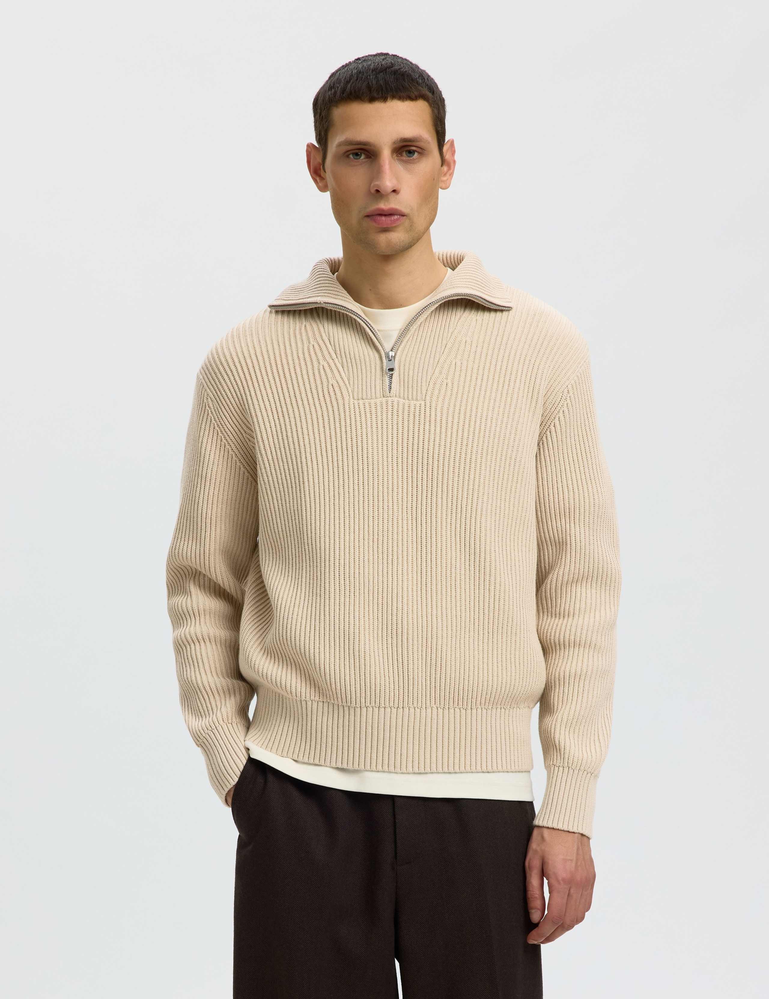 Pure Cotton Ribbed Half Zip Jumper