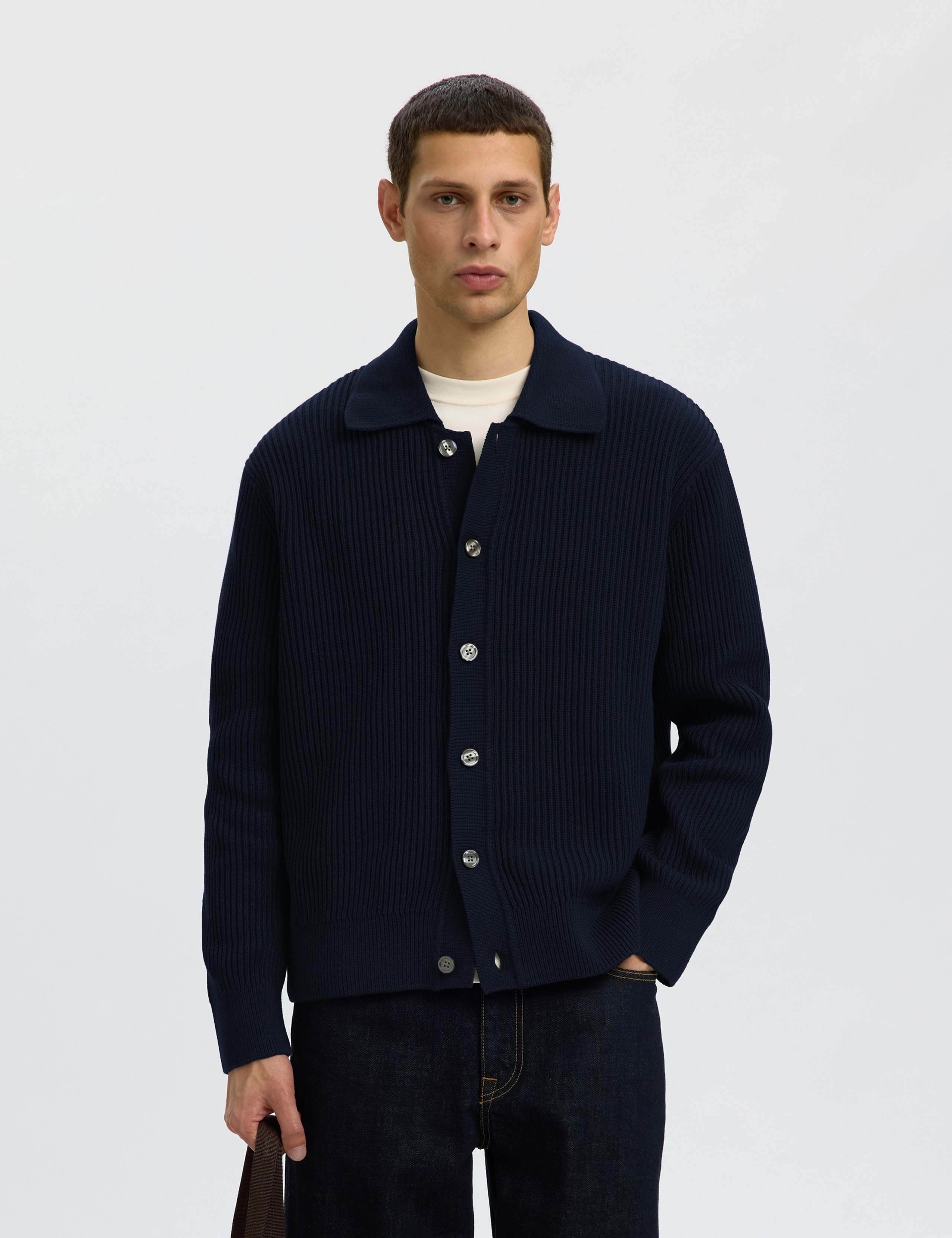Pure Cotton Rib-Knit Polo Cardigan
