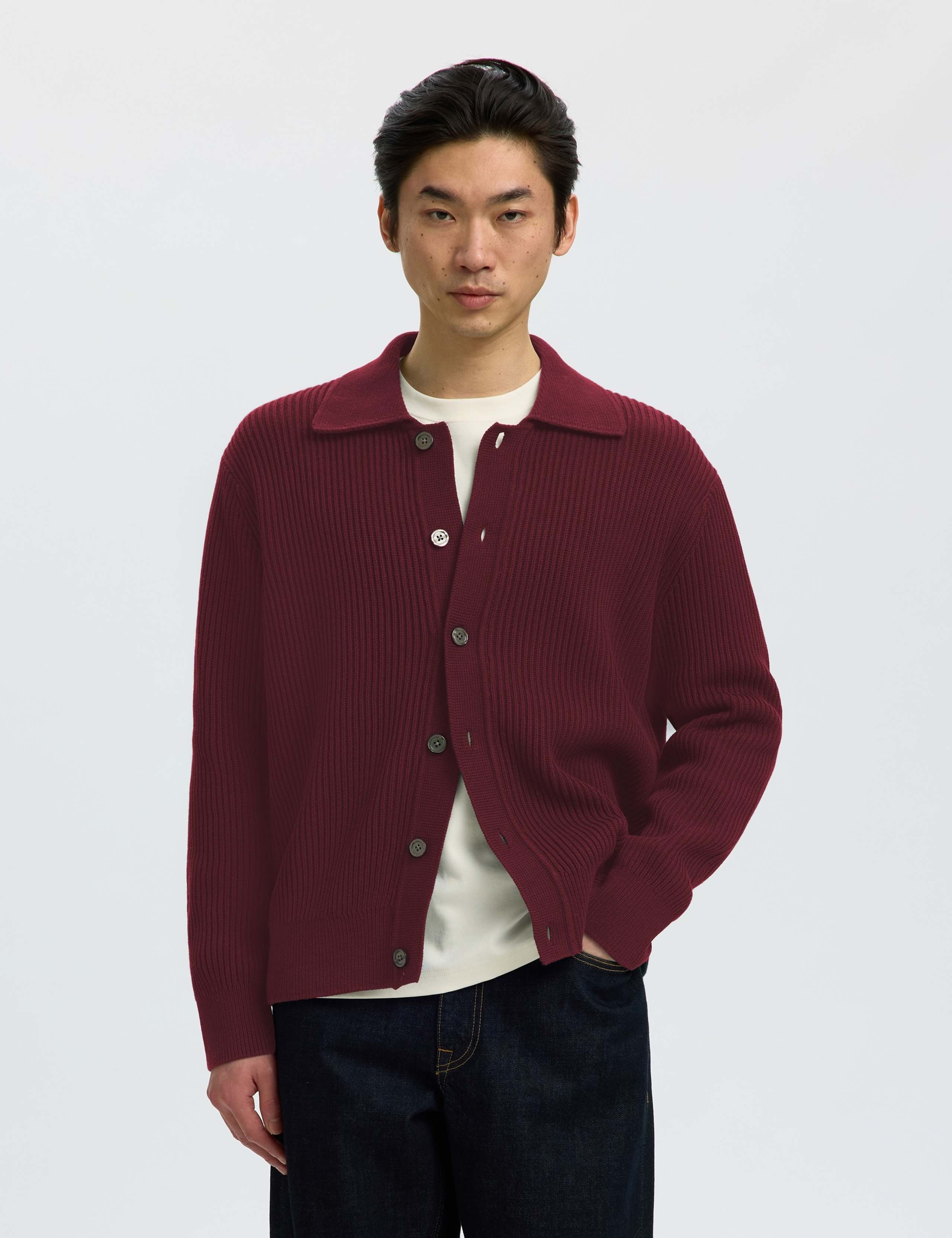 Pure Cotton Rib-Knit Polo Cardigan