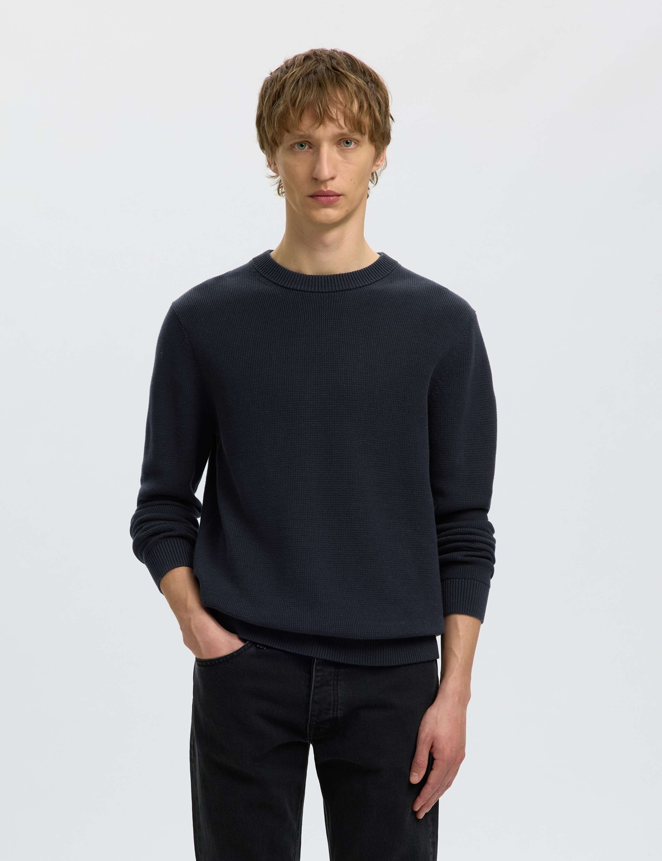Pure Cotton Textured Crew Neck Jumper