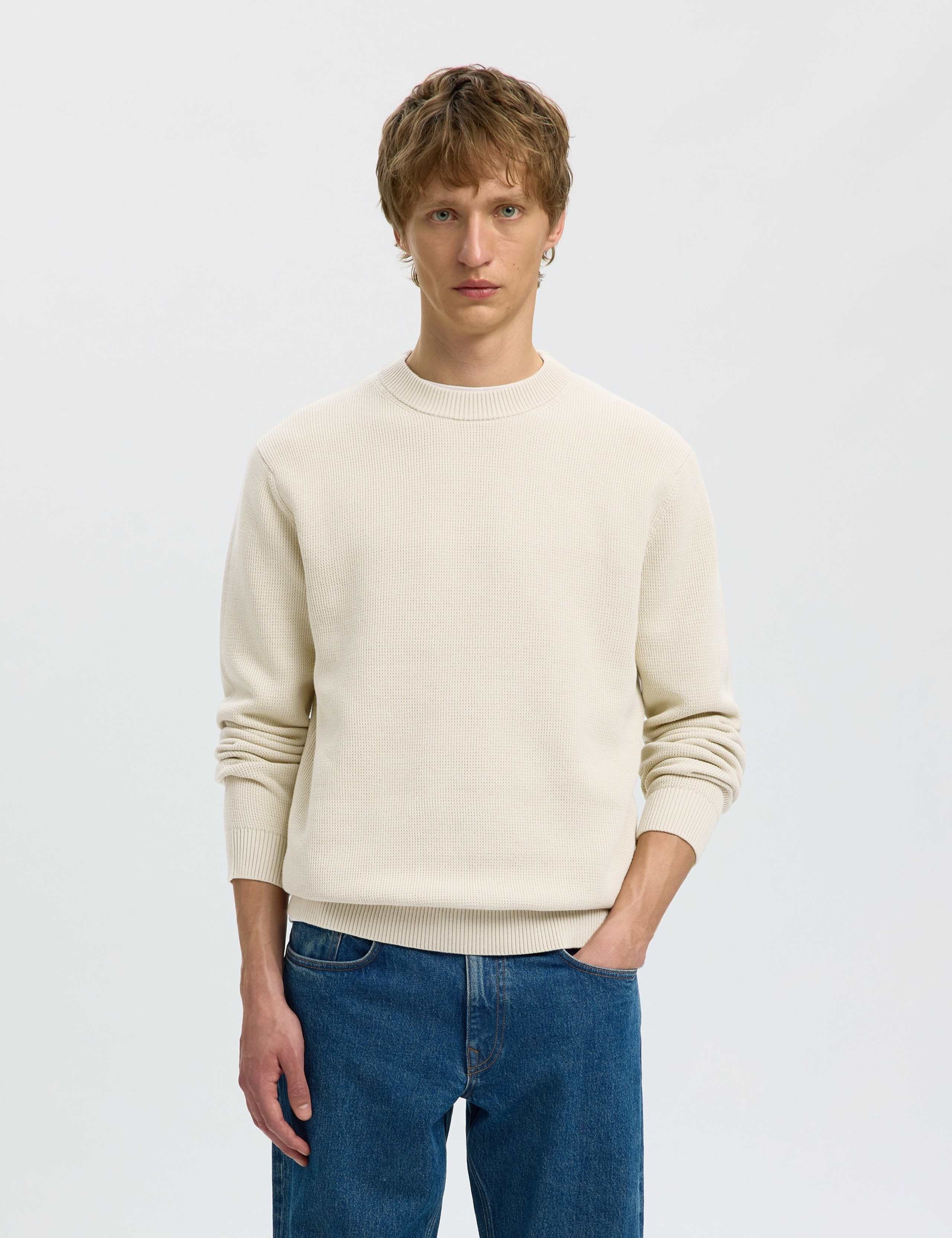 Pure Cotton Textured Crew Neck Jumper