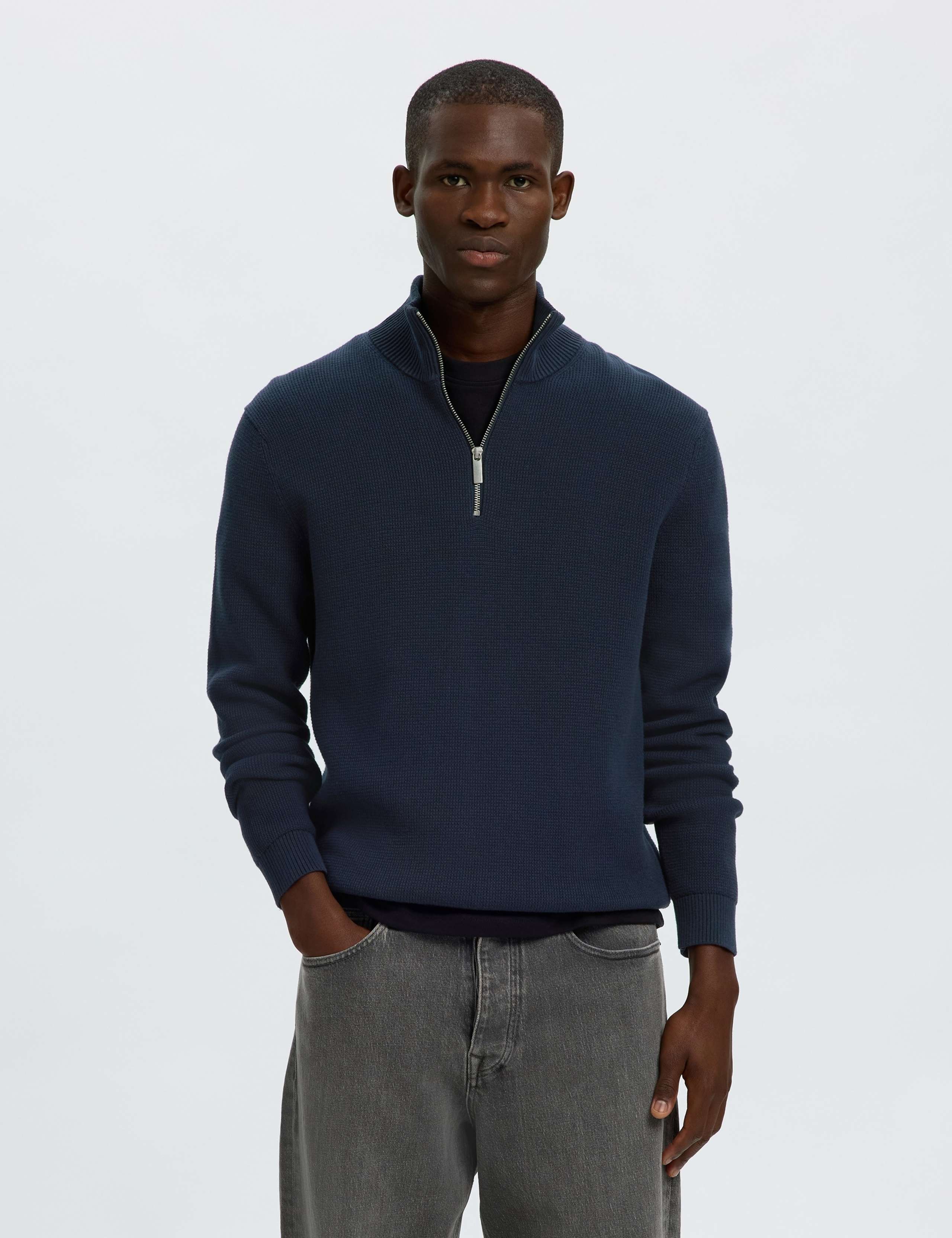 Pure Cotton Textured Half Zip Jumper