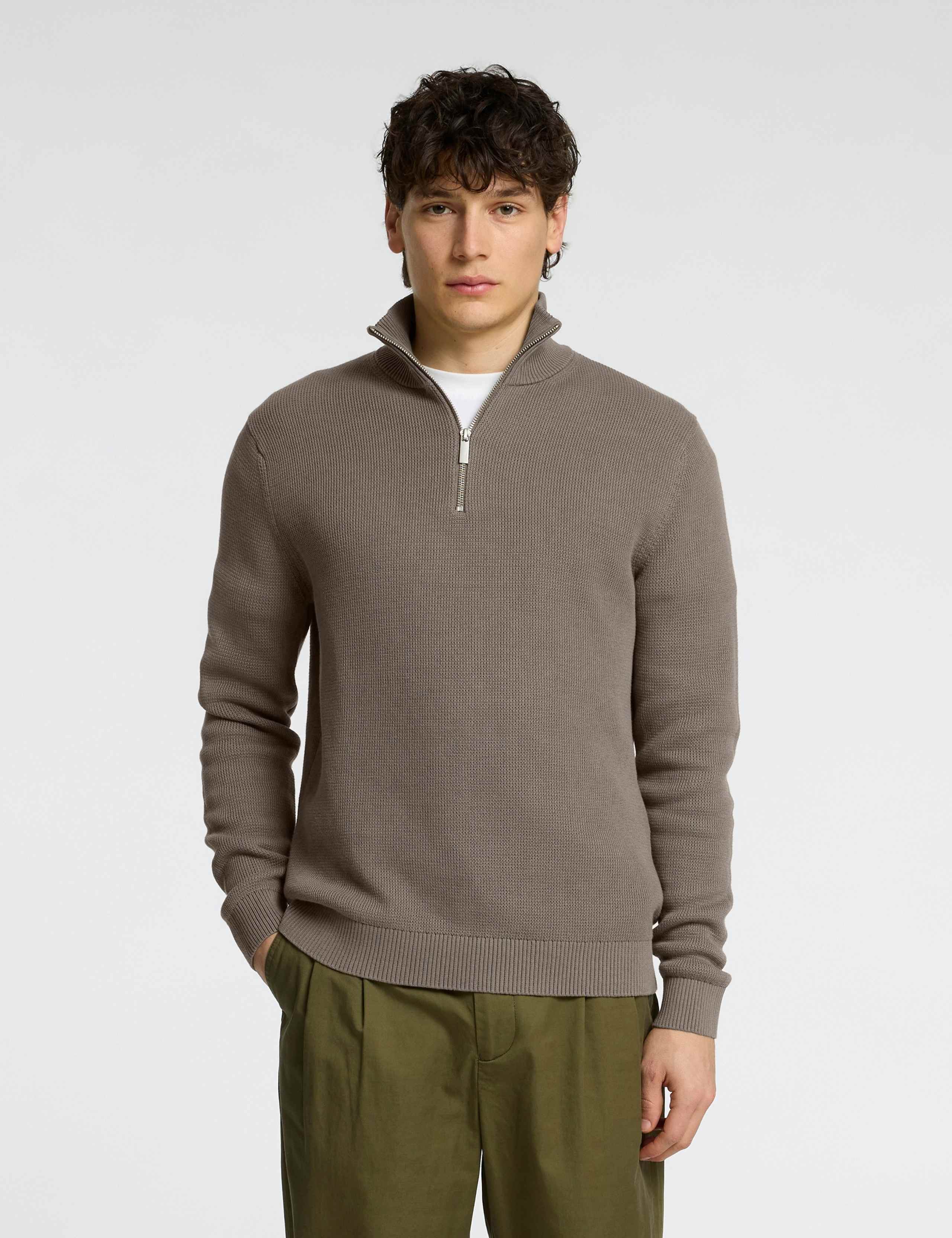 Pure Cotton Textured Half Zip Jumper