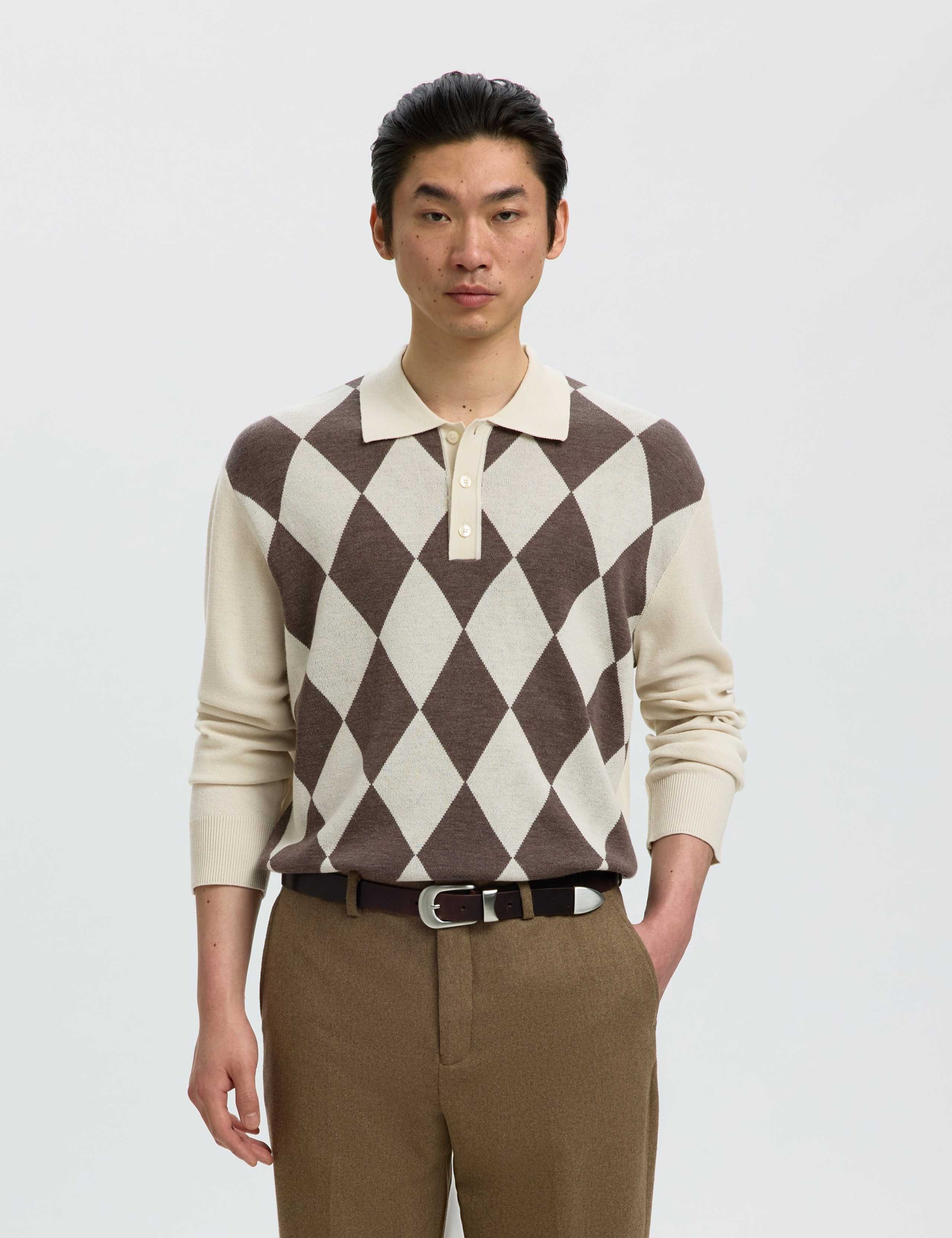 Pure Merino Wool Argyle Knitted Polo Shirt