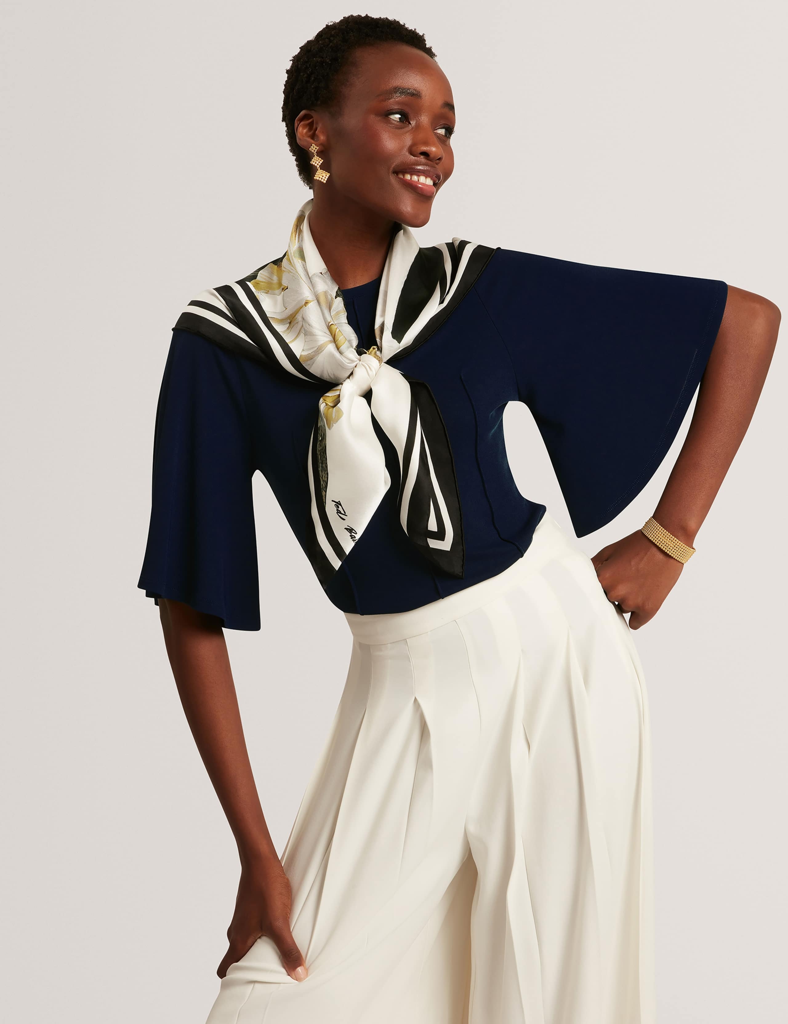 Crepe Jersey Seam Detail Bell Sleeve Top