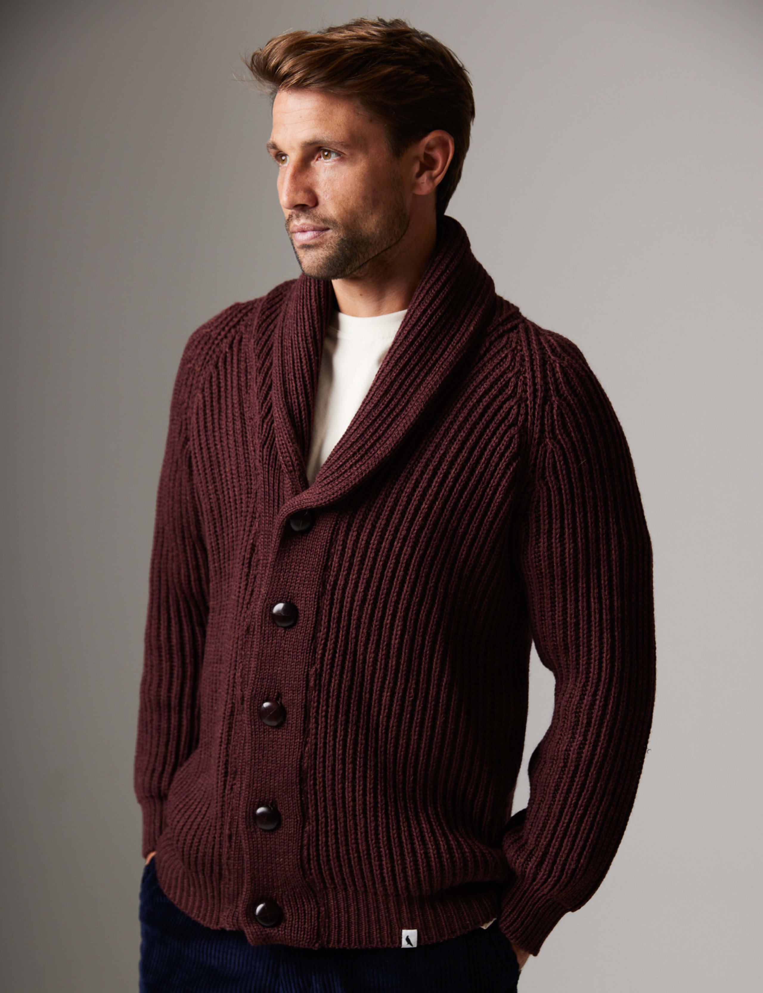 Pure Merino Wool Ribbed Shawl Neck Cardigan