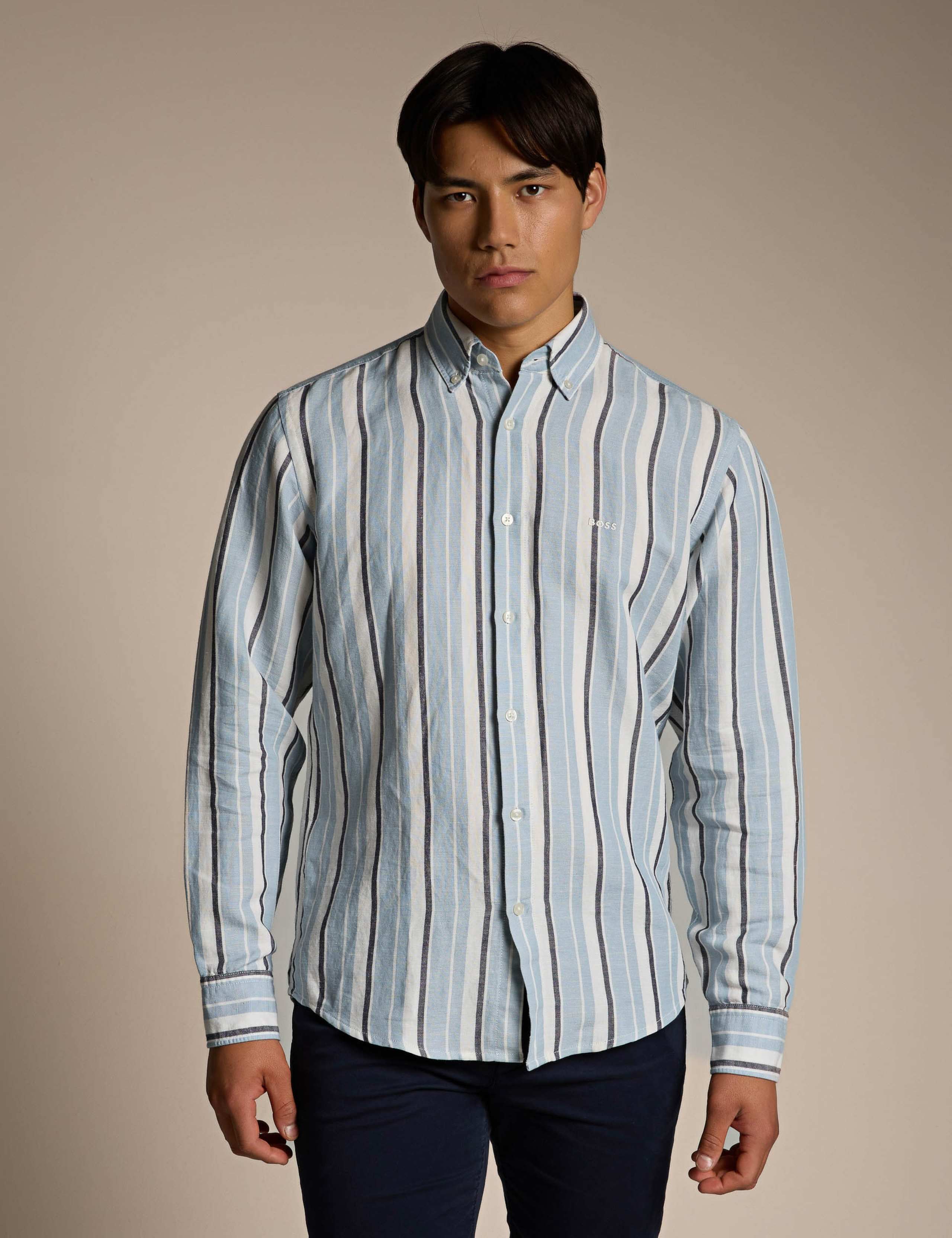 Ricoplus_M Regular Fit Linen Rich Striped Shirt