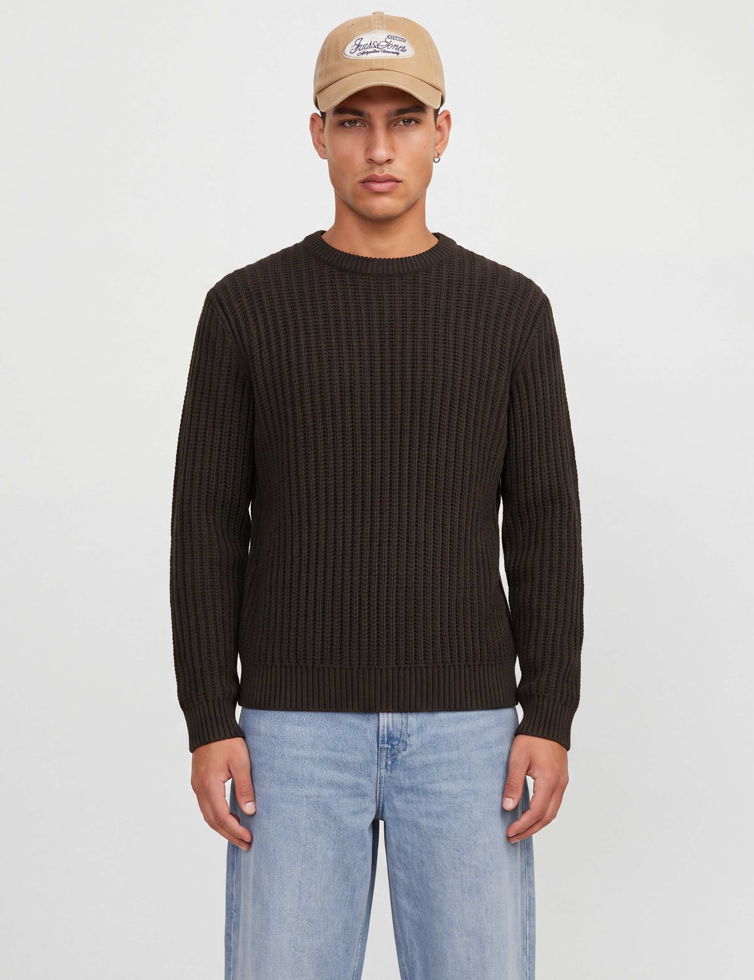 Cotton Blend Cable Crew Neck Fisherman Jumper
