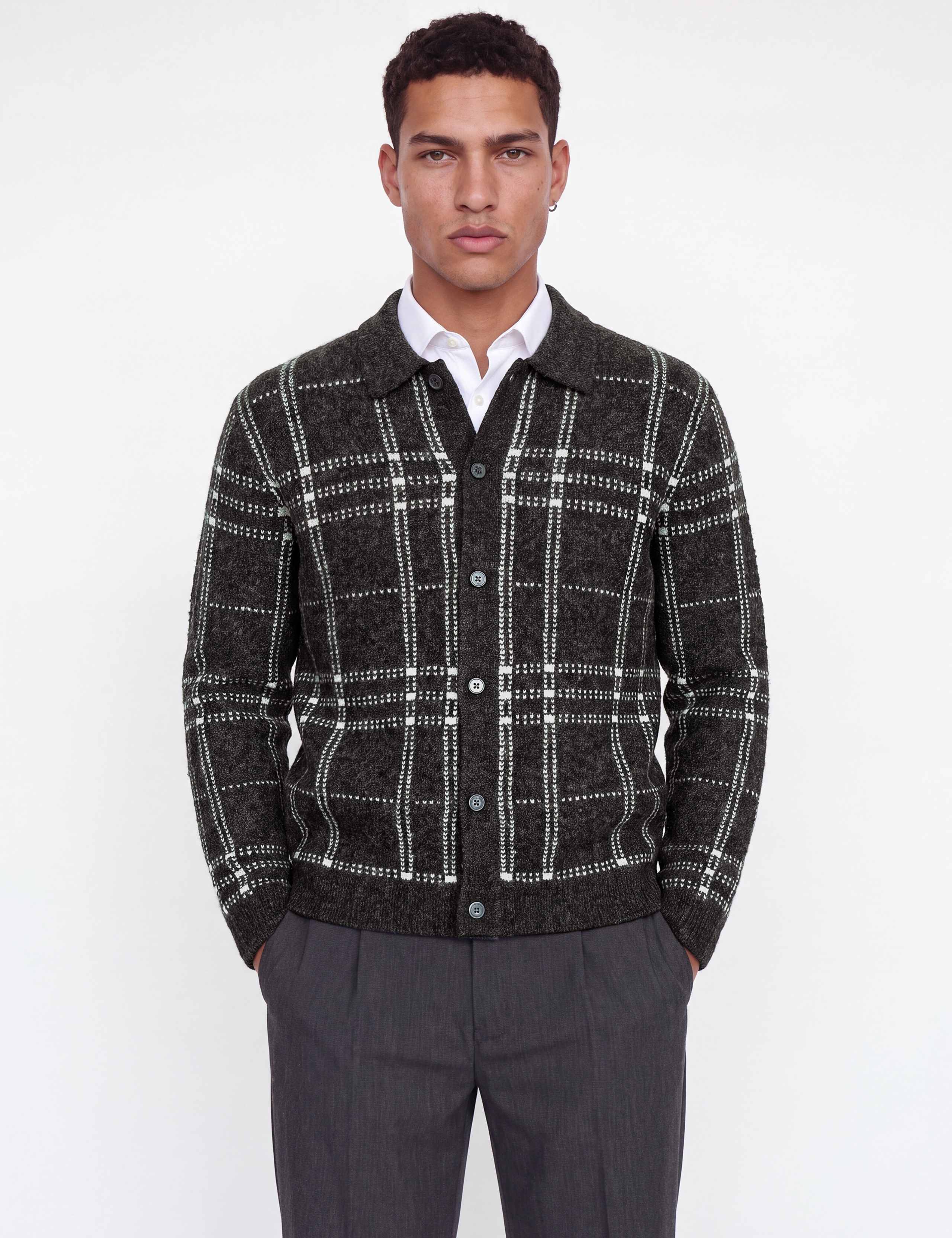 Checked Cardigan with Wool