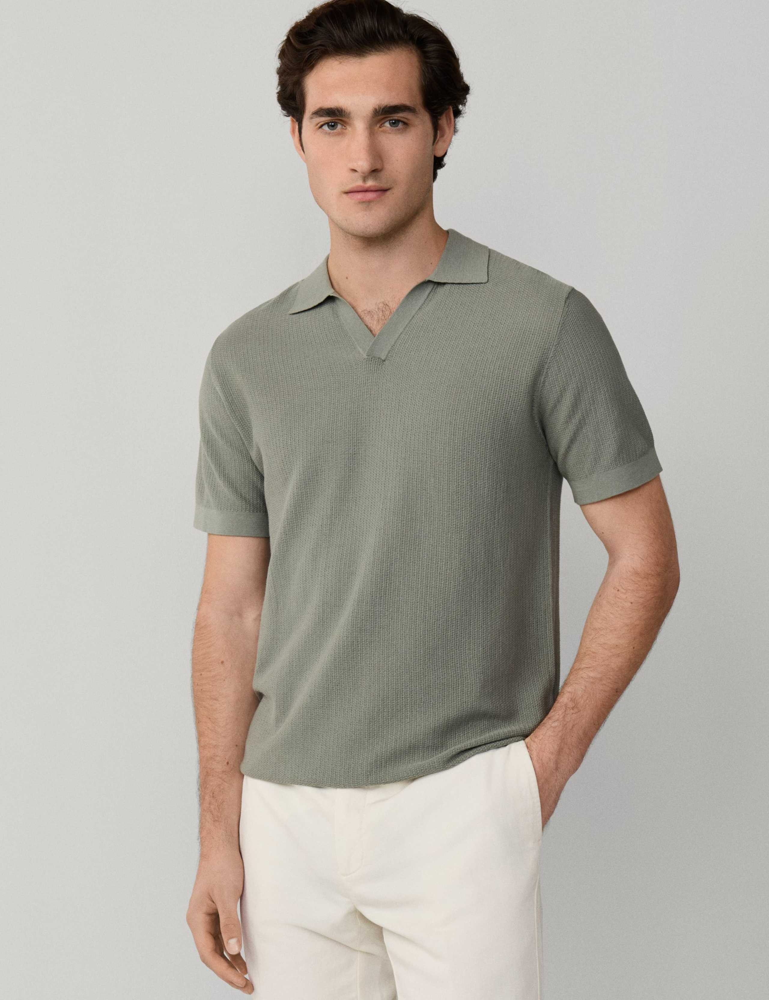 Pure Cotton Open Neck Knitted Polo Shirt