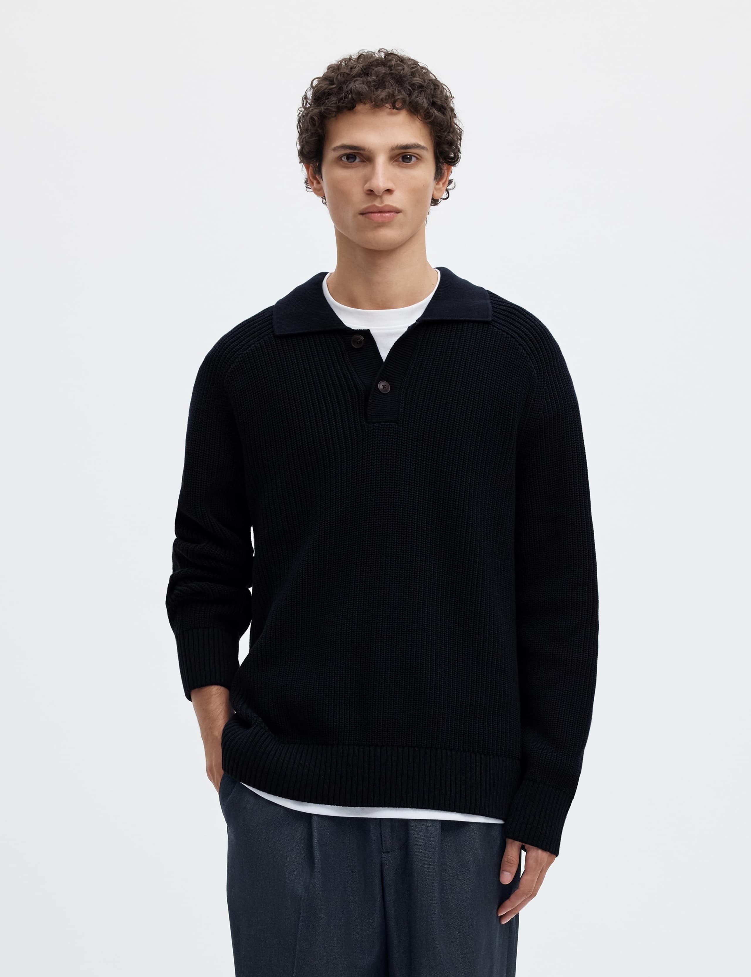 Pure Cotton Ribbed Collared Jumper