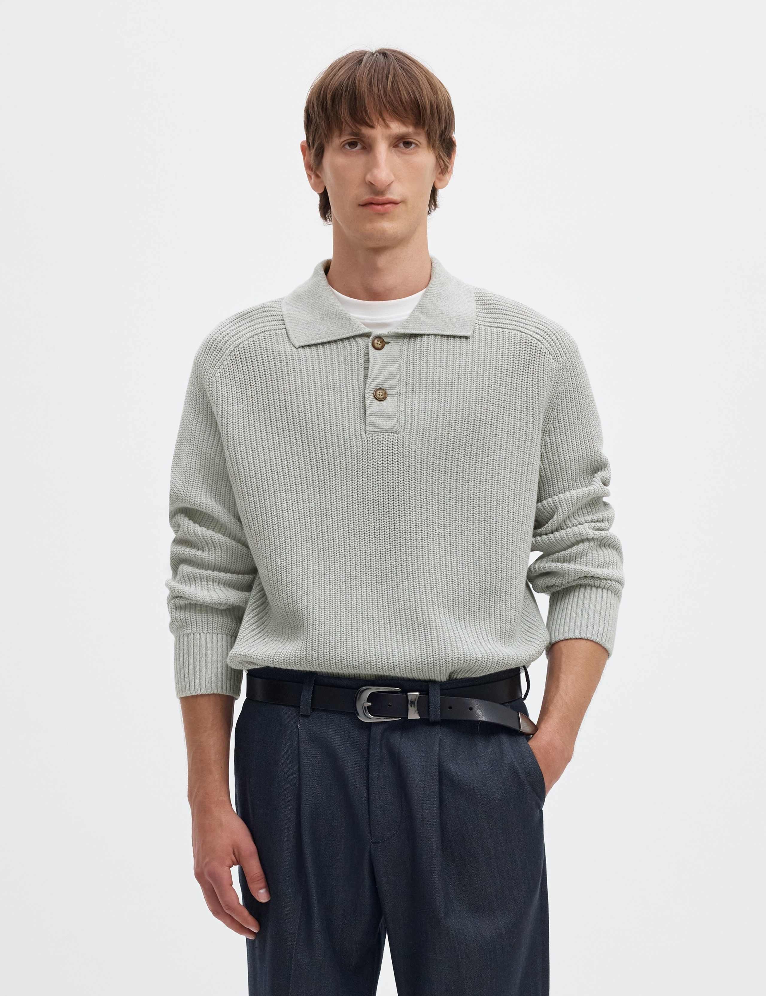 Pure Cotton Ribbed Collared Jumper