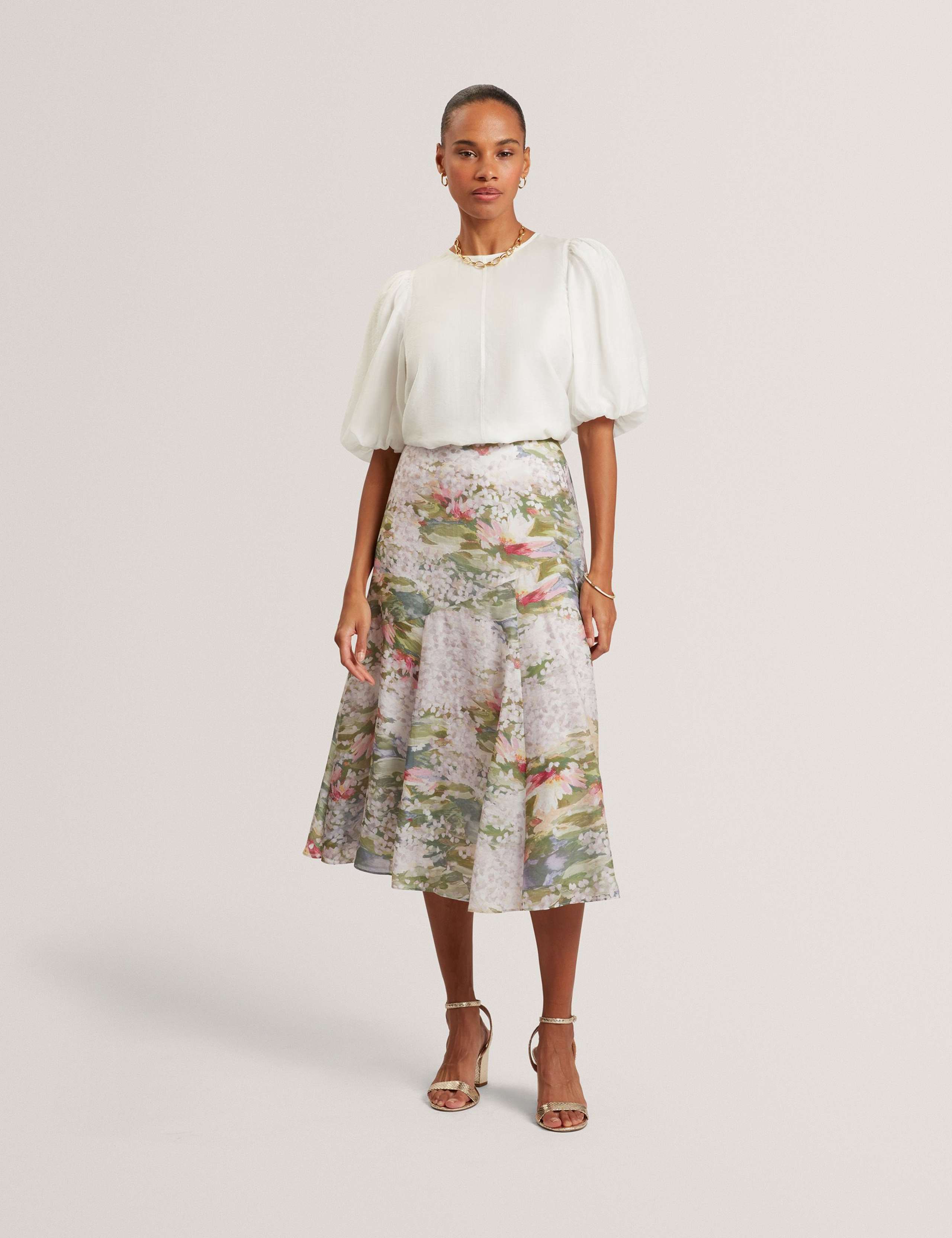 Printed Diagonal Seam Midi Slip Skirt