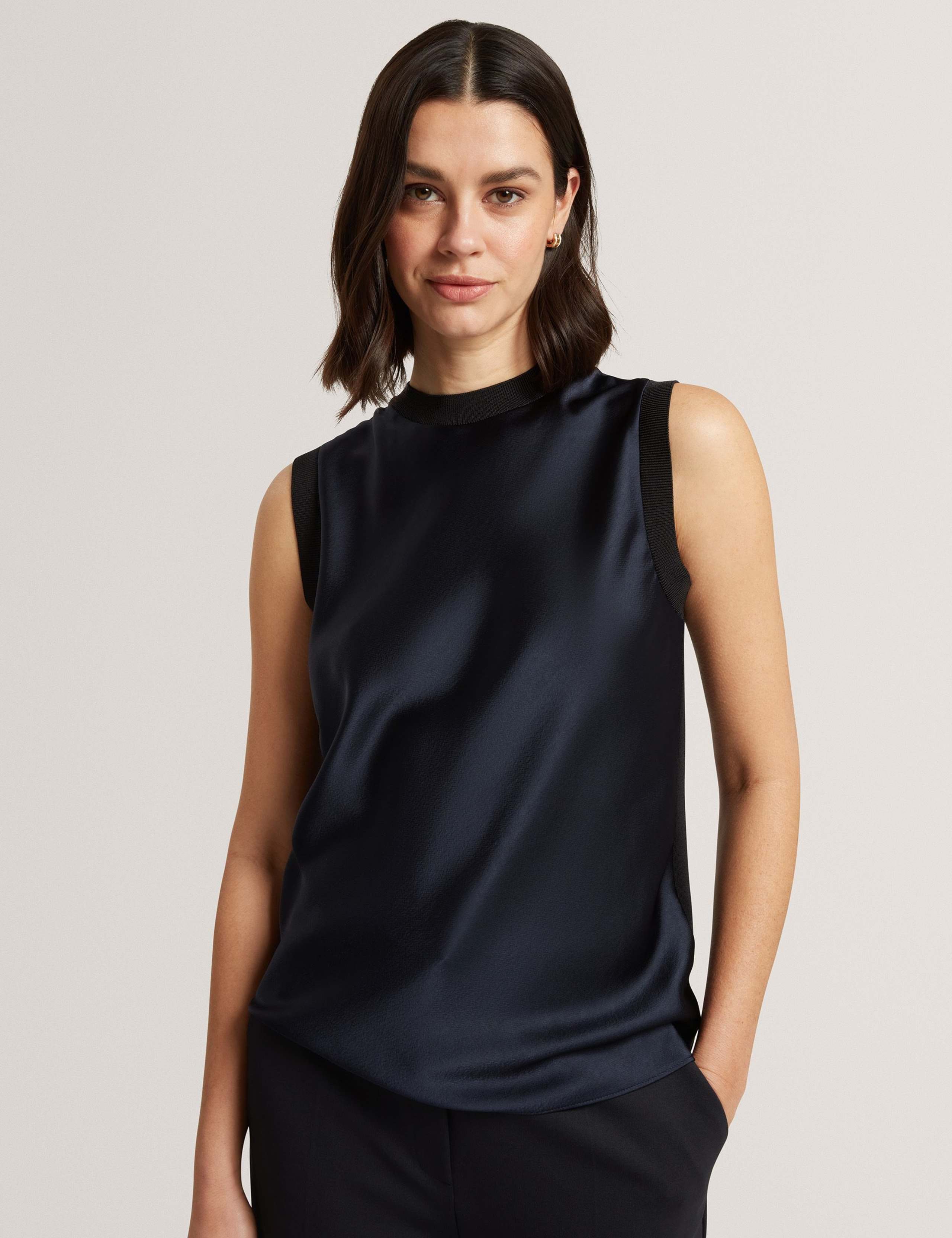 Satin Crew Neck Rib Detail Vest Top